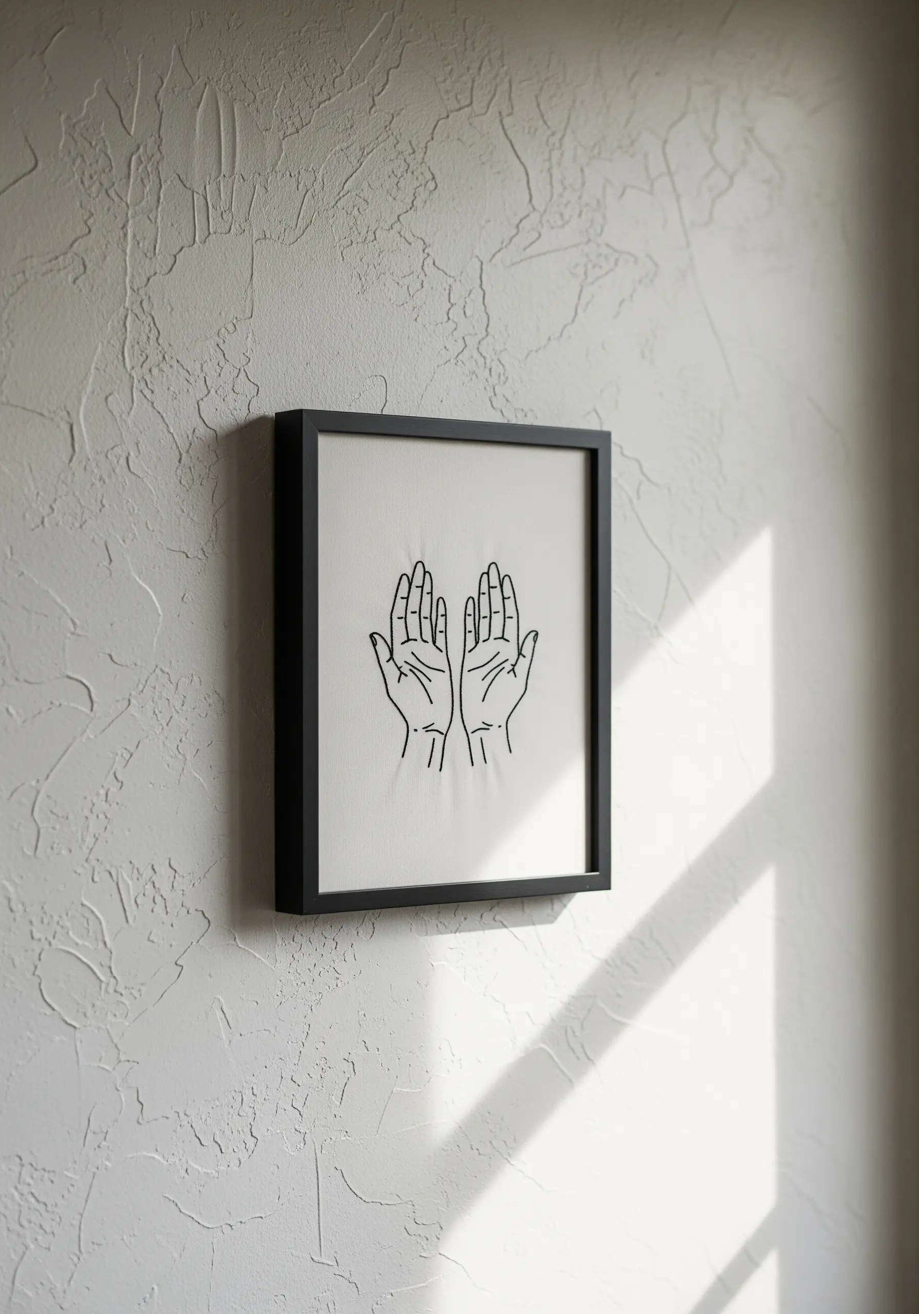 Framed embroidery of two hands with open palms, stitched in black thread.