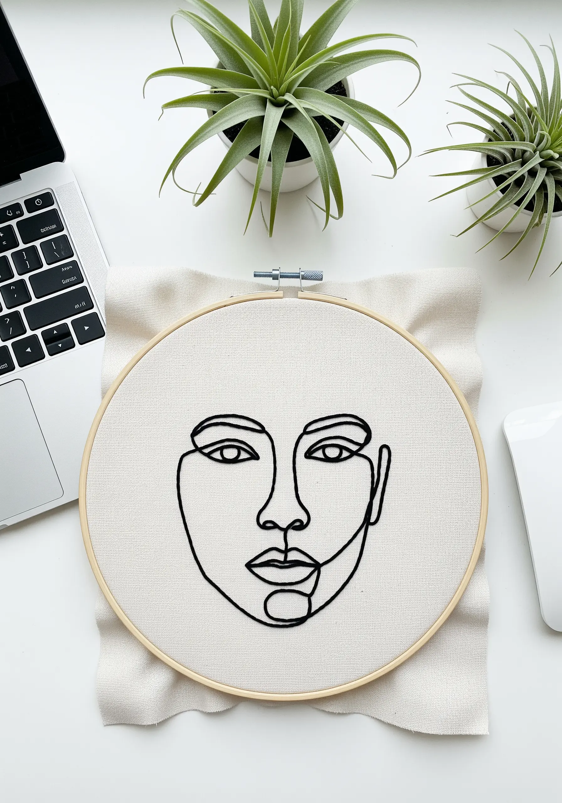 A minimal, single-line abstract face embroidered in black thread on off-white fabric