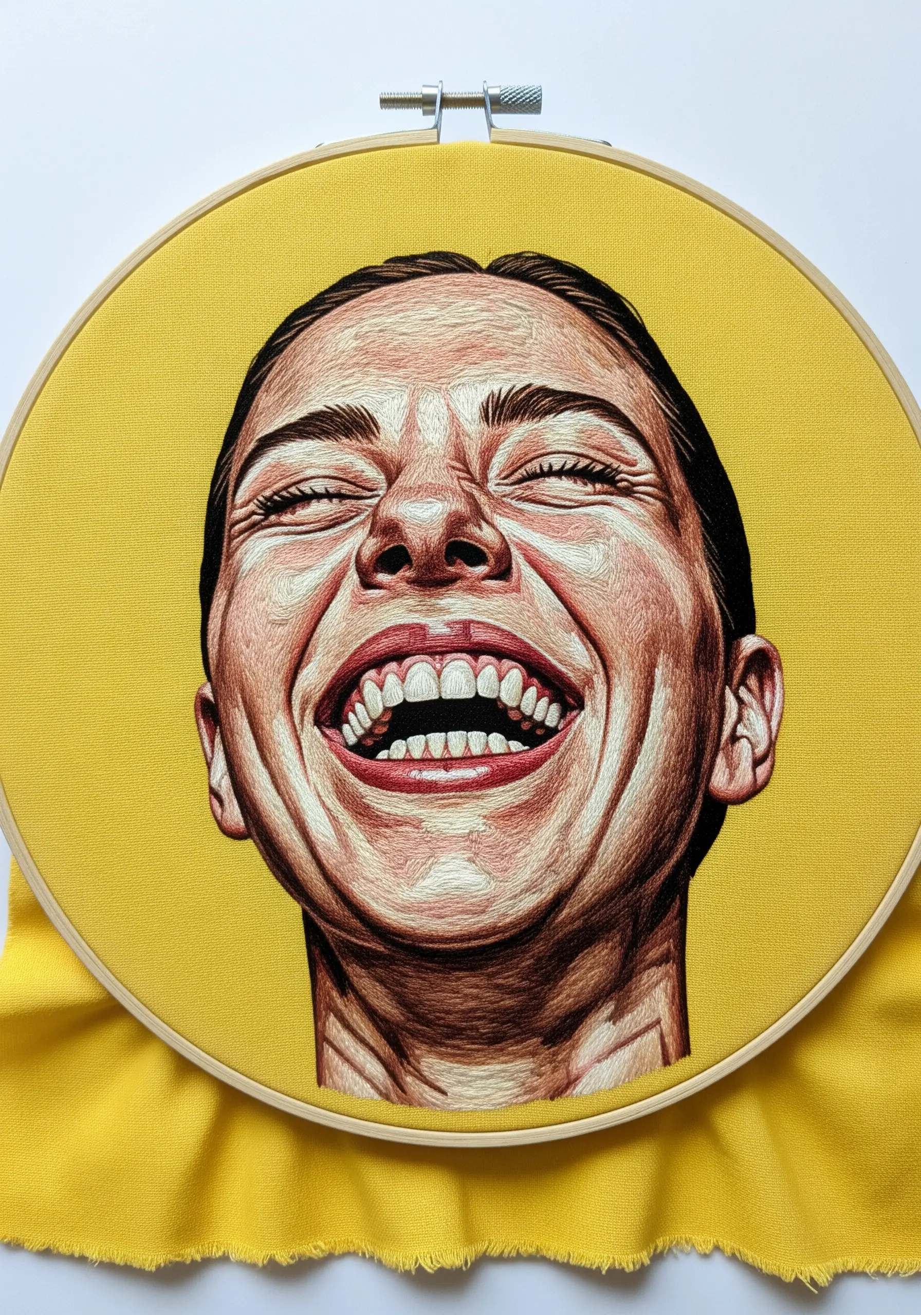 Expressive embroidered portrait of a woman laughing, set against a bright yellow background.