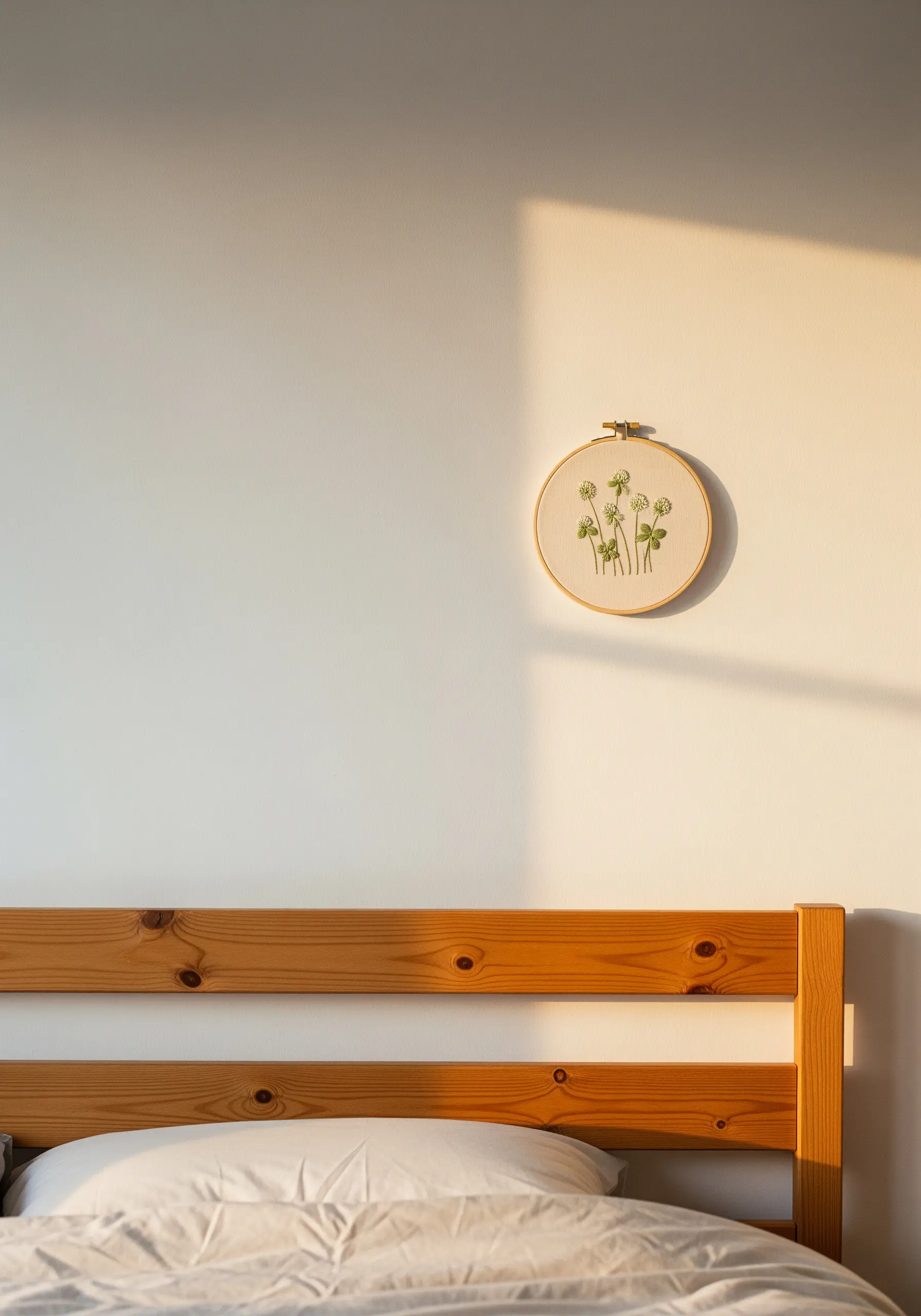 A small bunch of embroidered clover placed off-center in a hoop on a sunlit wall.