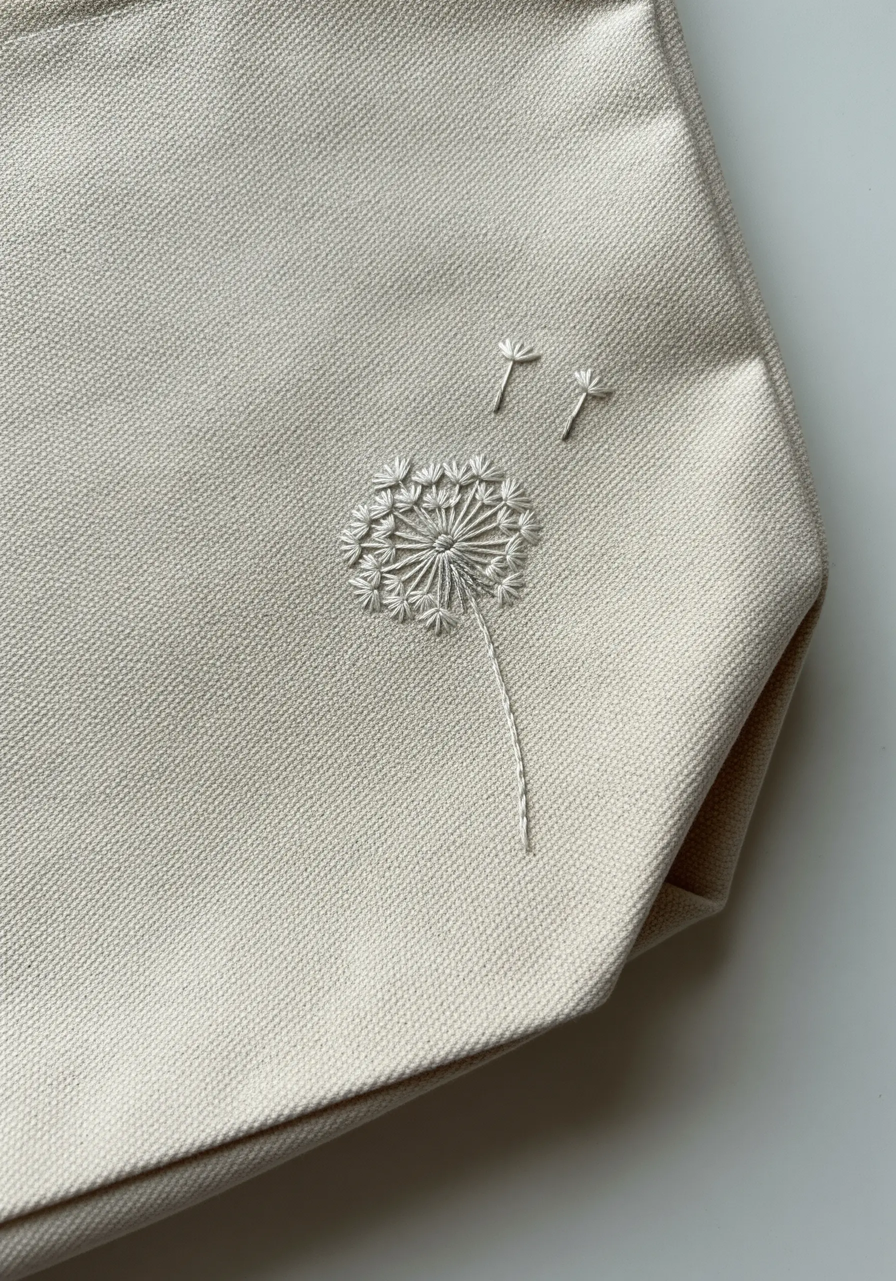Tone-on-tone embroidery of a dandelion seed head on a beige canvas tote bag.