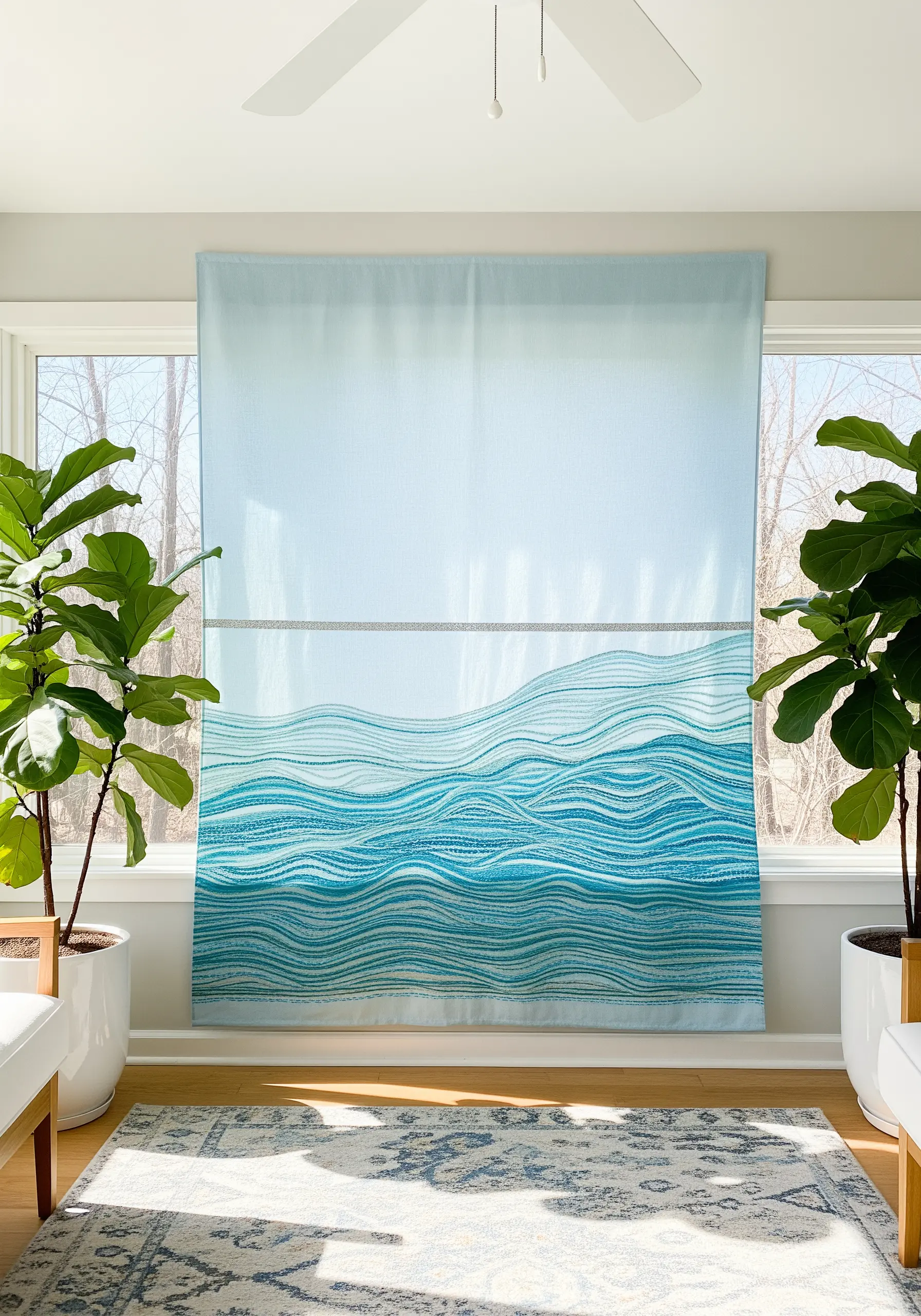Embroidered sheer curtain with flowing, horizontal wave patterns in shades of blue.