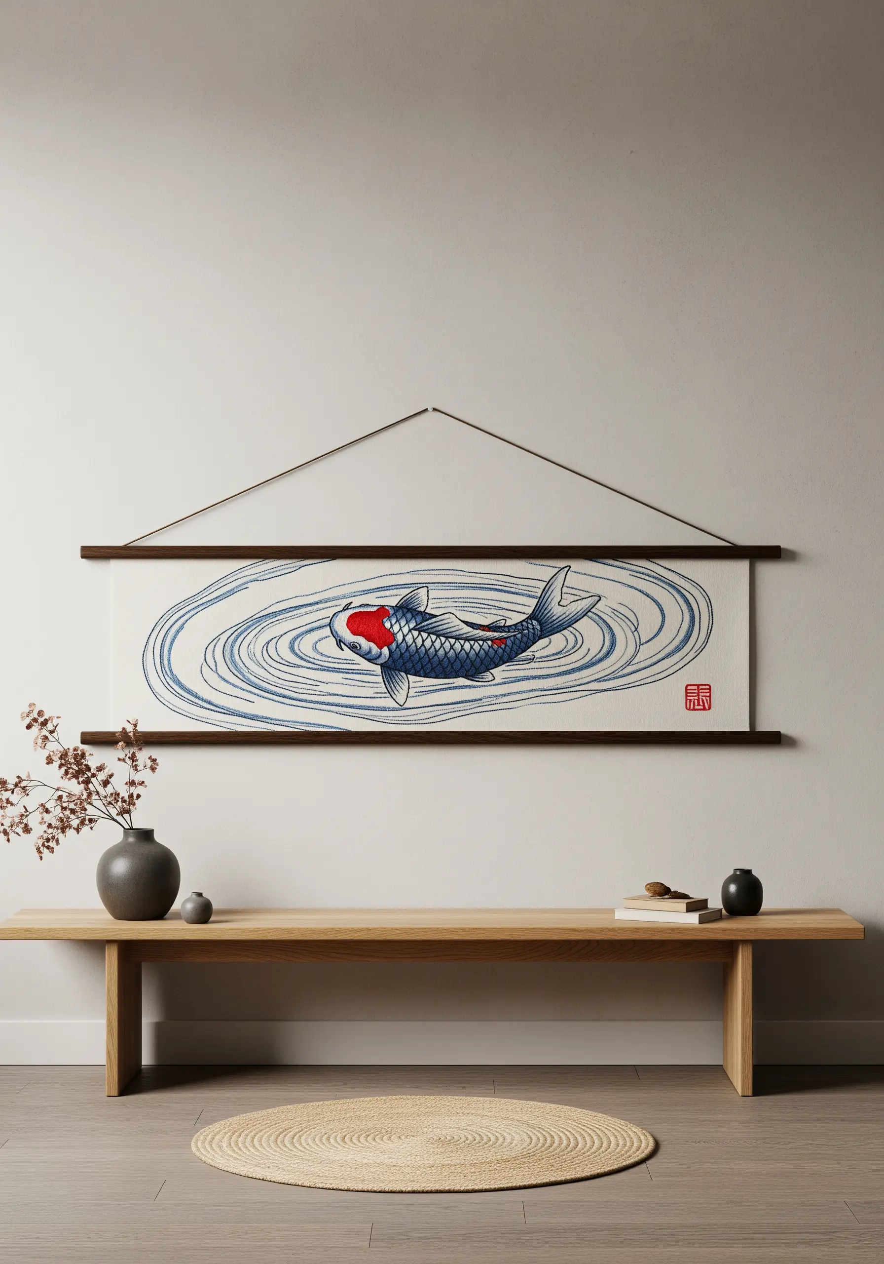 A Japanese-style embroidered scroll of a koi fish in rippling water.