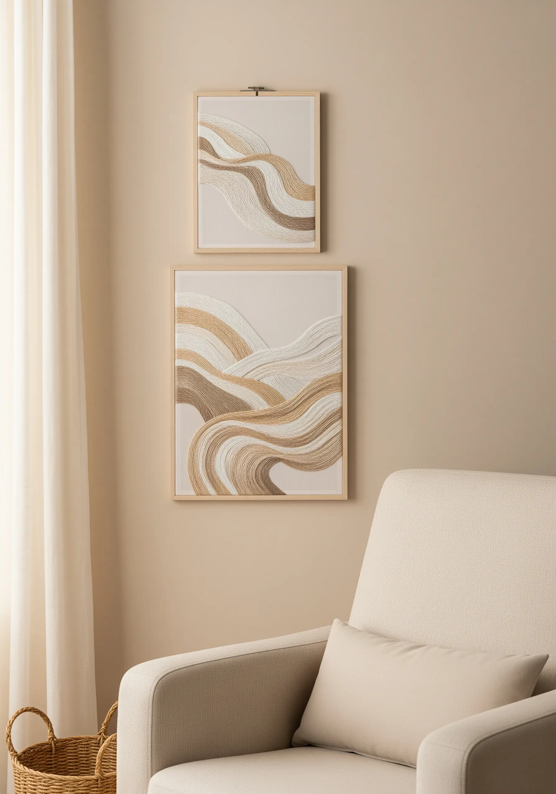 Two framed embroidery pieces with flowing, wave-like patterns in neutral tones