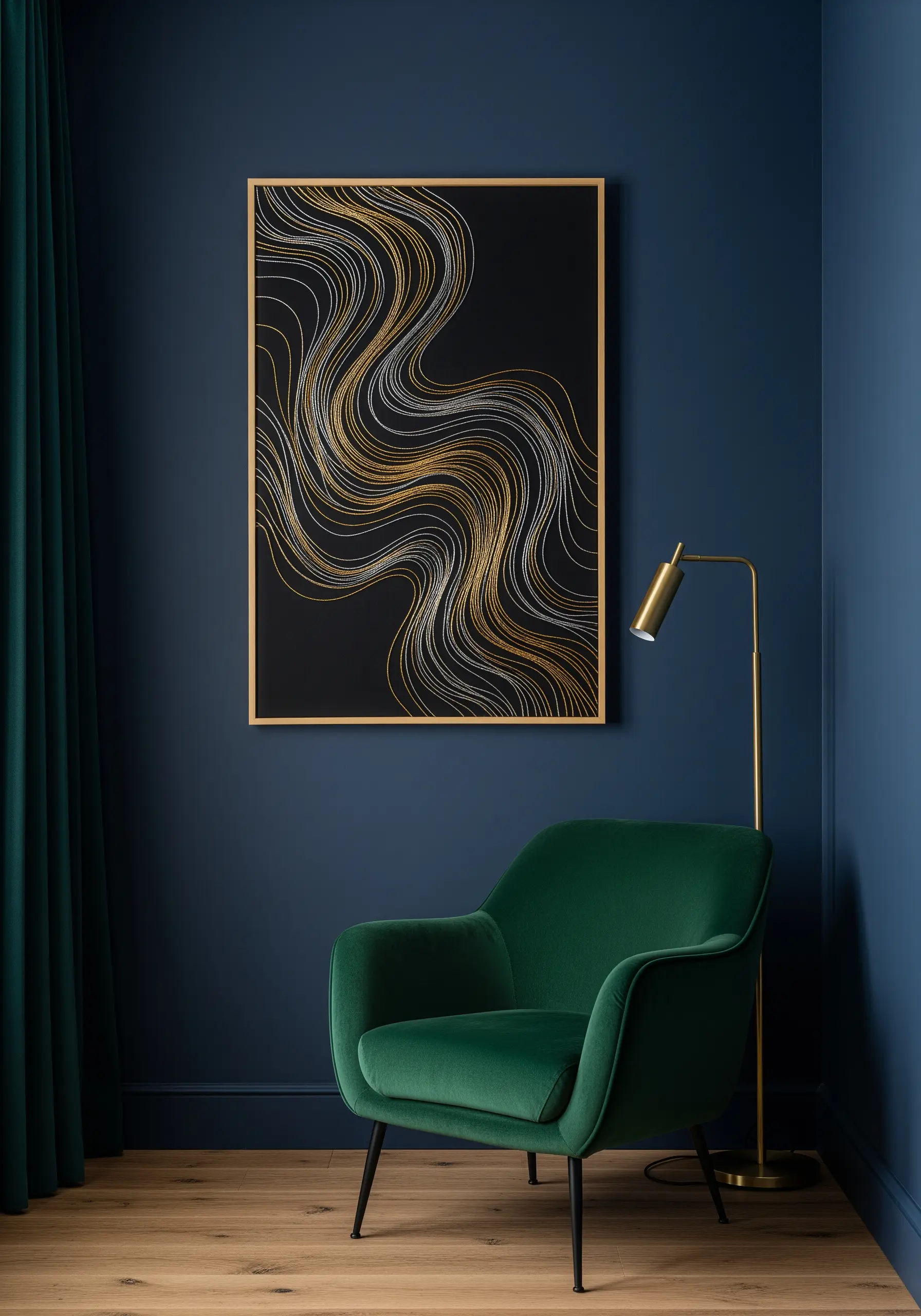 Large abstract artwork with flowing gold and silver metallic threads on a black background.