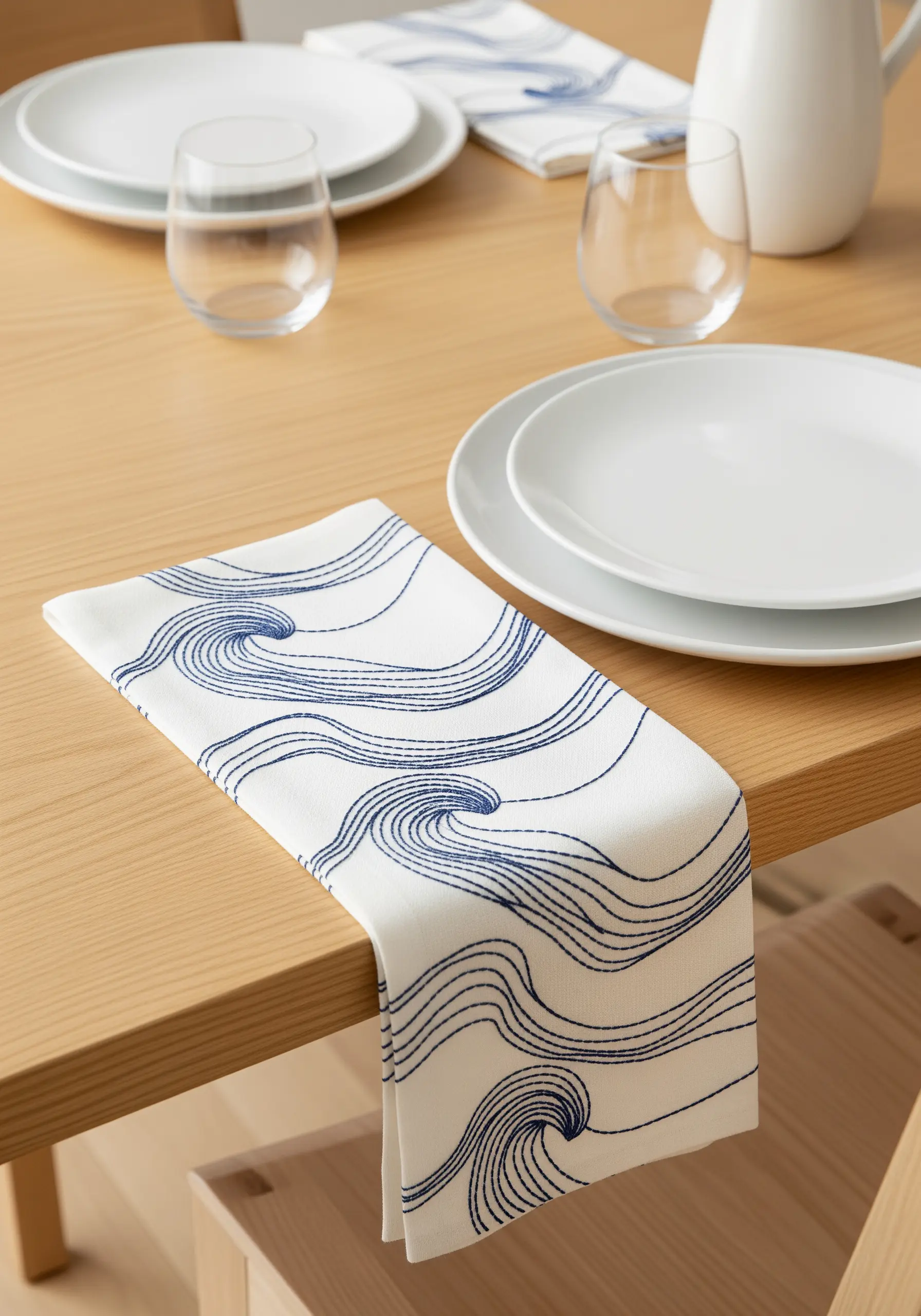 Flowing blue wave patterns embroidered on a white linen napkin.