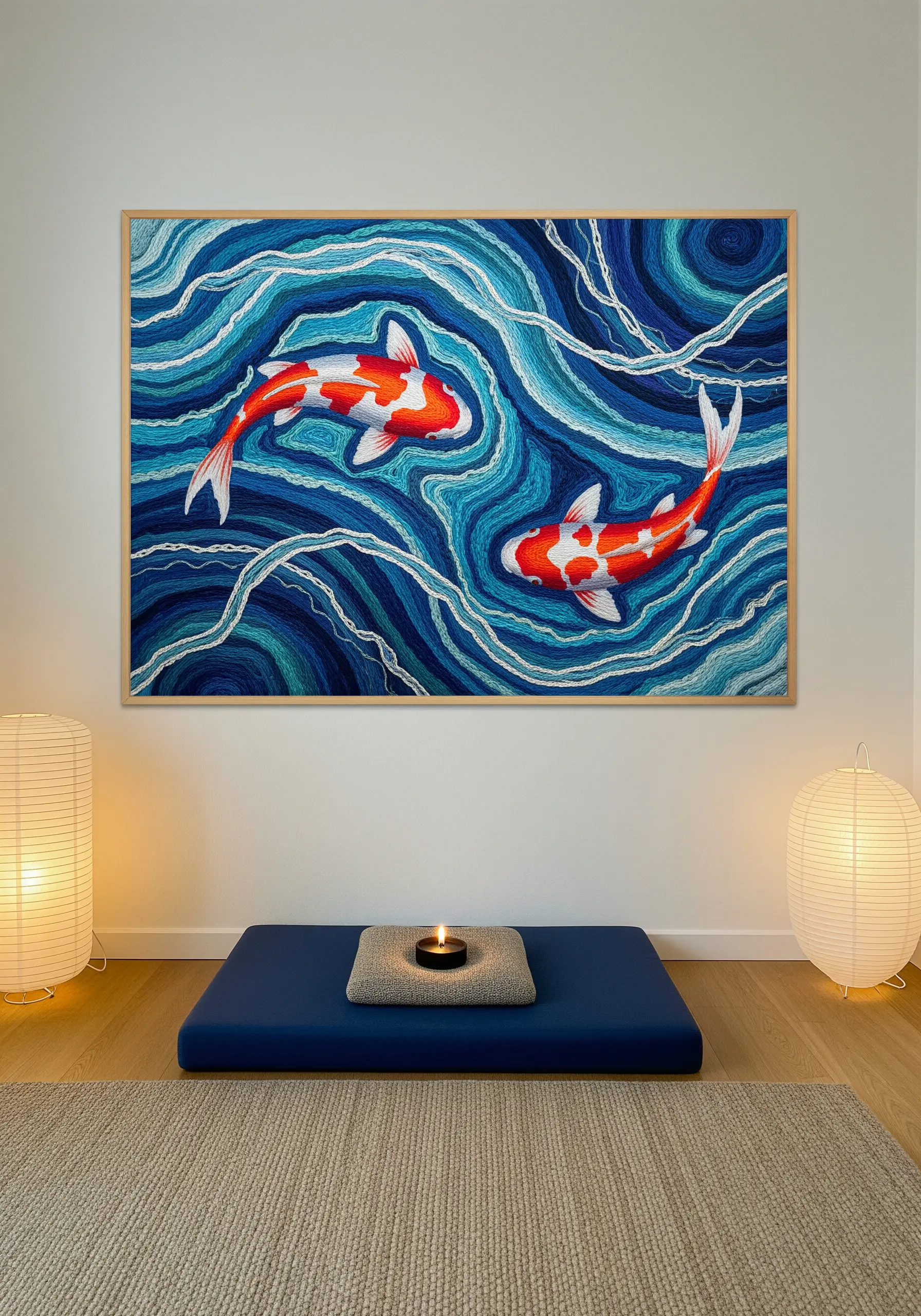Framed embroidery of two koi fish swimming in textured, swirling blue water.
