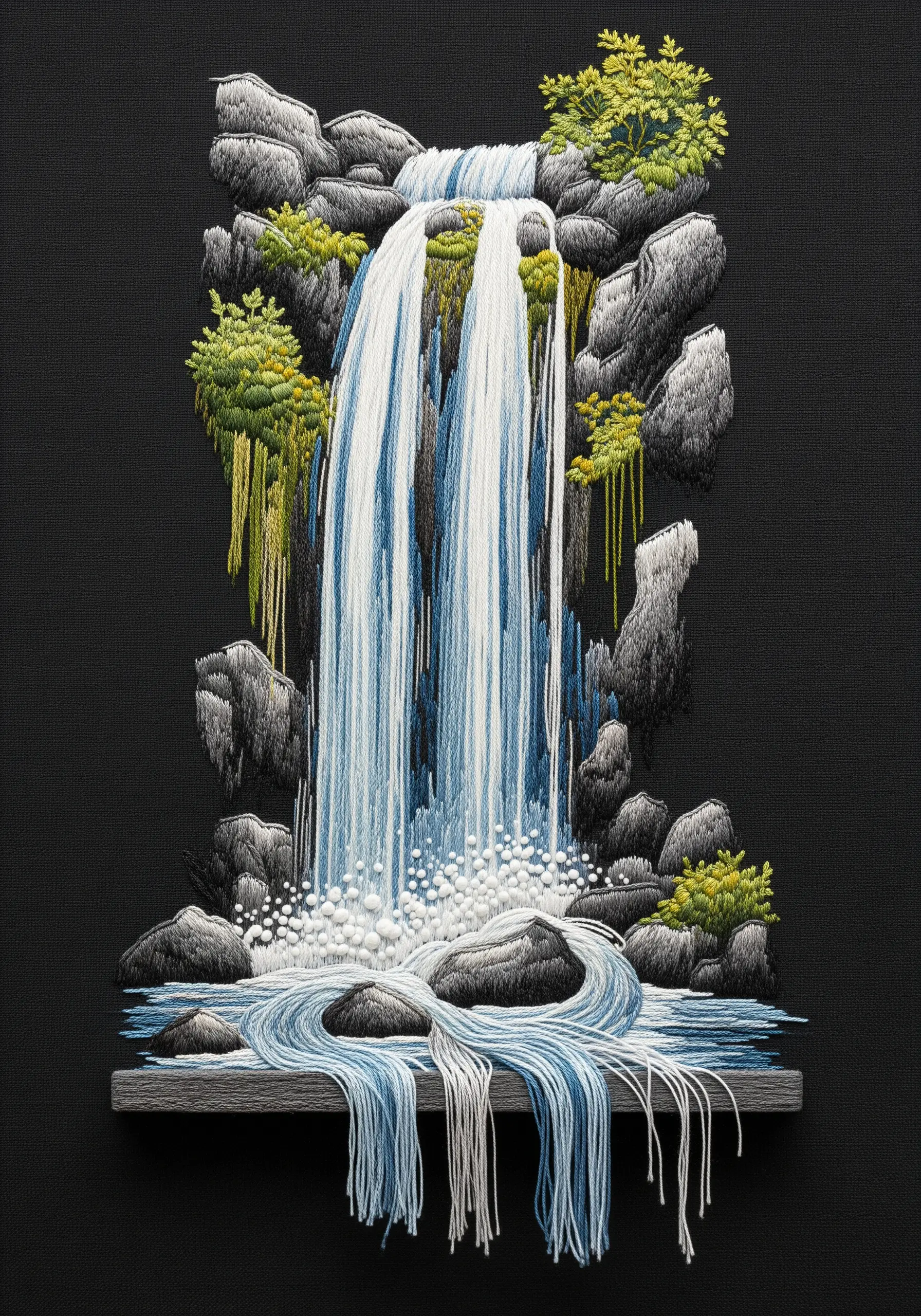 Embroidery of a waterfall with threads left long and loose to simulate motion.