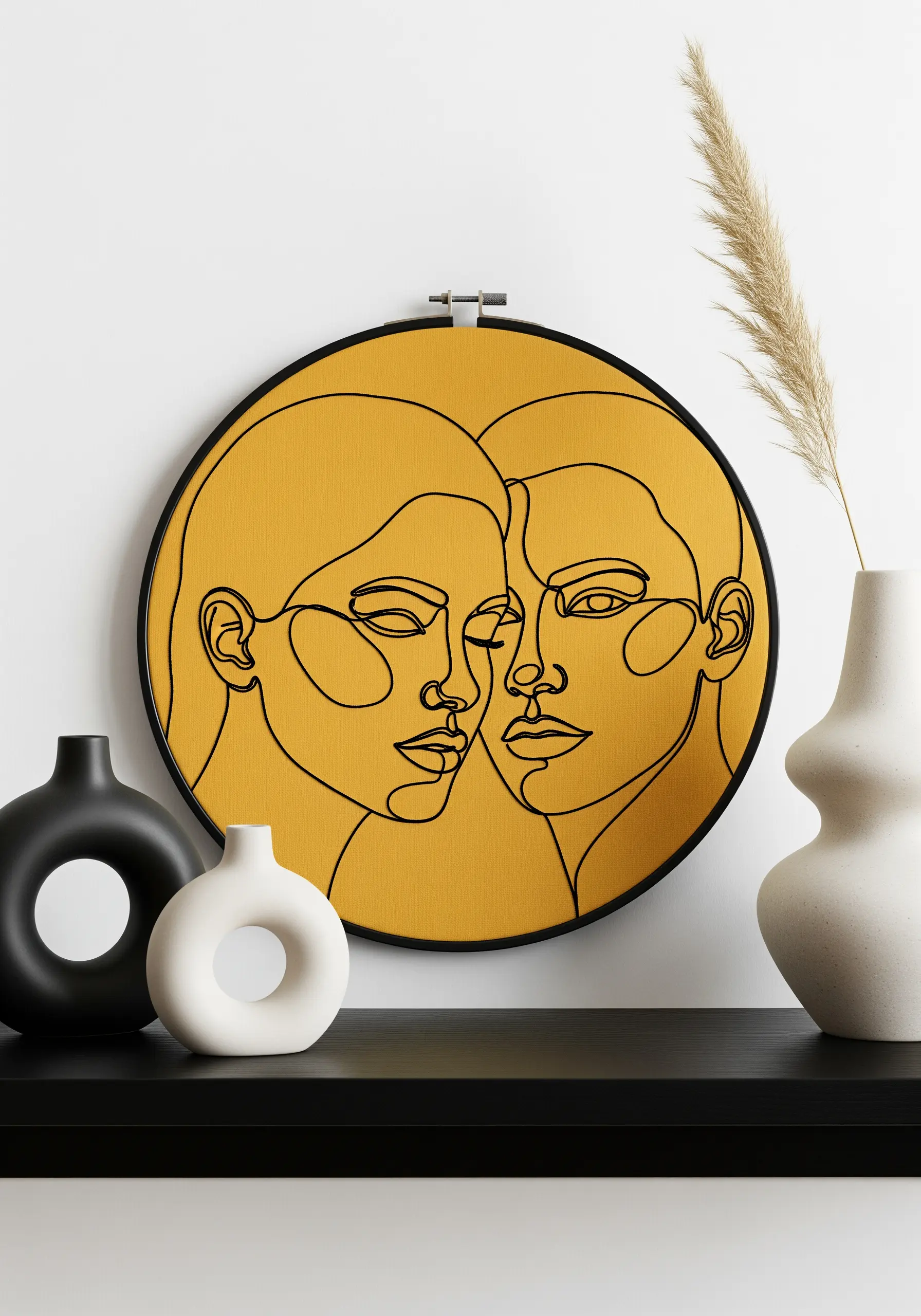 A continuous single-line art portrait of two faces on a bold yellow fabric.