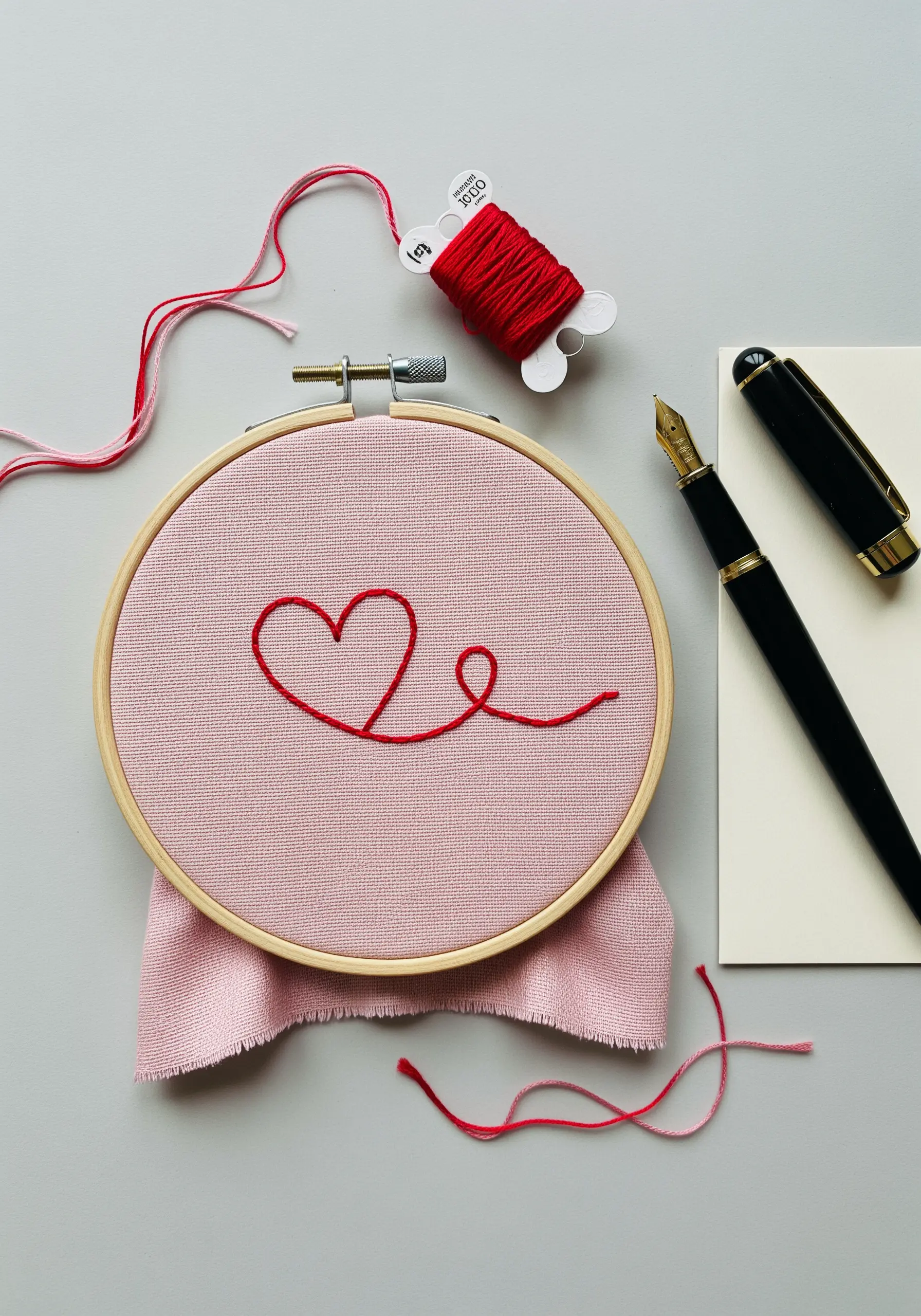 An abstract heart shape drawn with a single, continuous red thread on pink fabric.