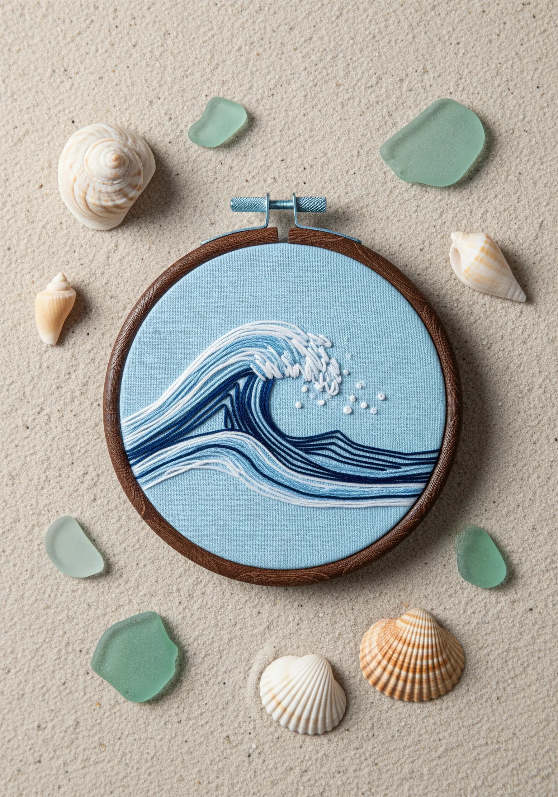 An embroidered ocean wave with blended blue threads and French knot sea spray.