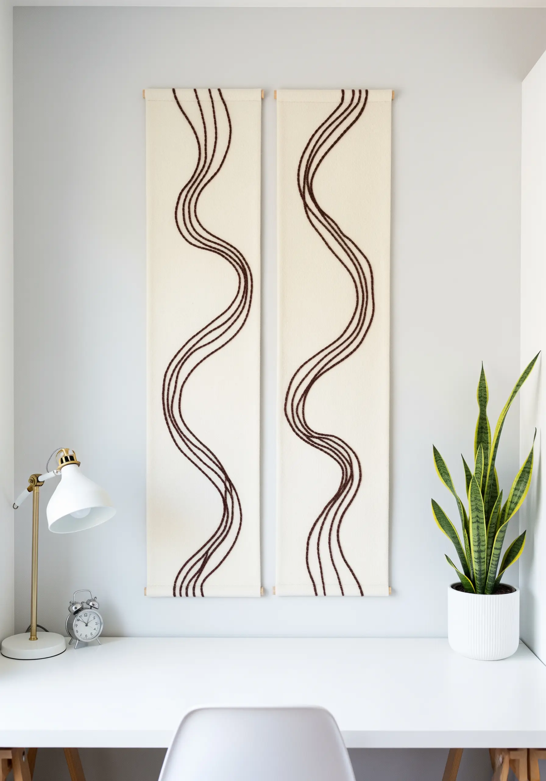 Two vertical wall hangings with flowing, continuous dark brown lines on cream fabric.