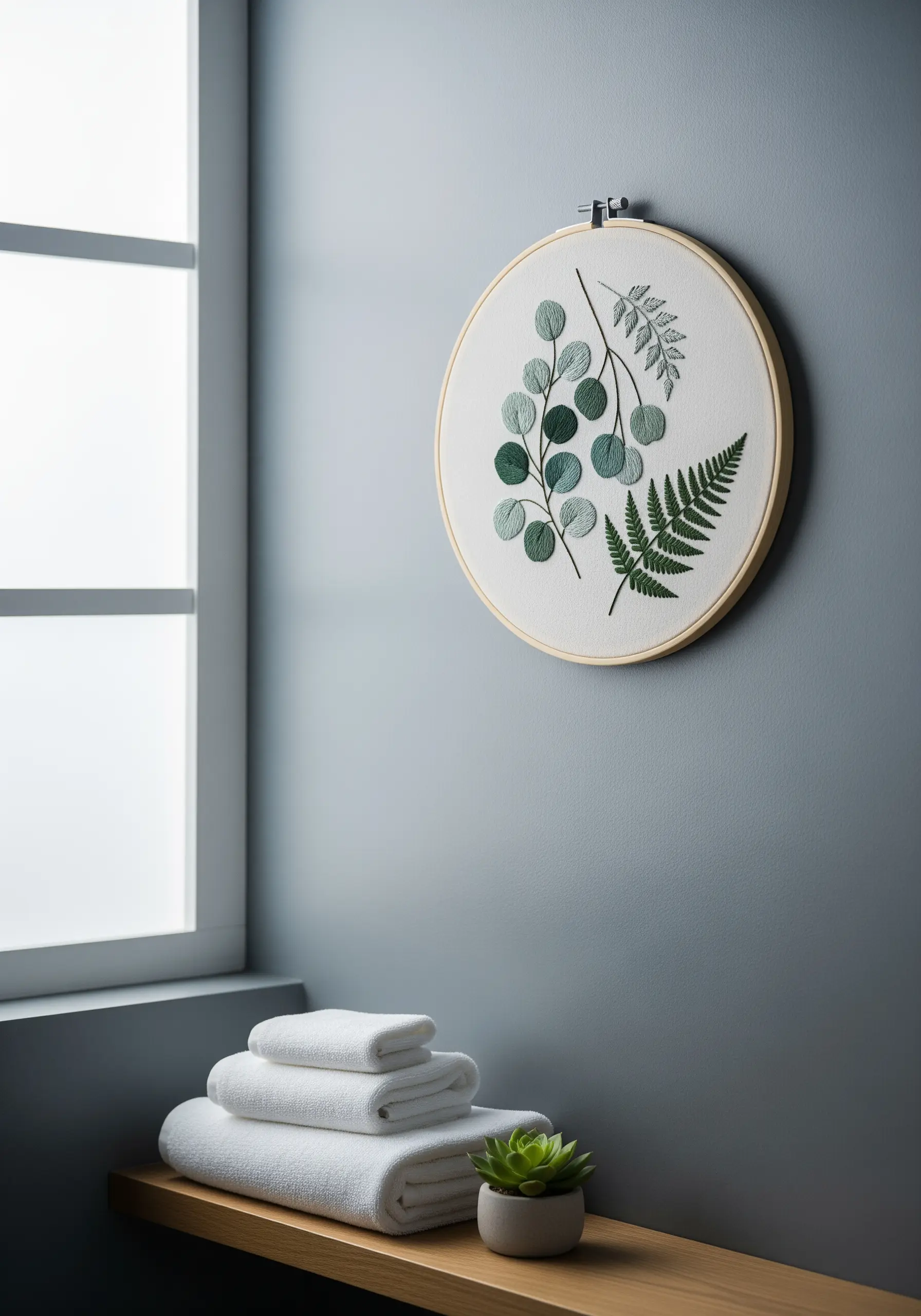 Embroidery hoop with textured eucalyptus and fern leaves on a plain background.