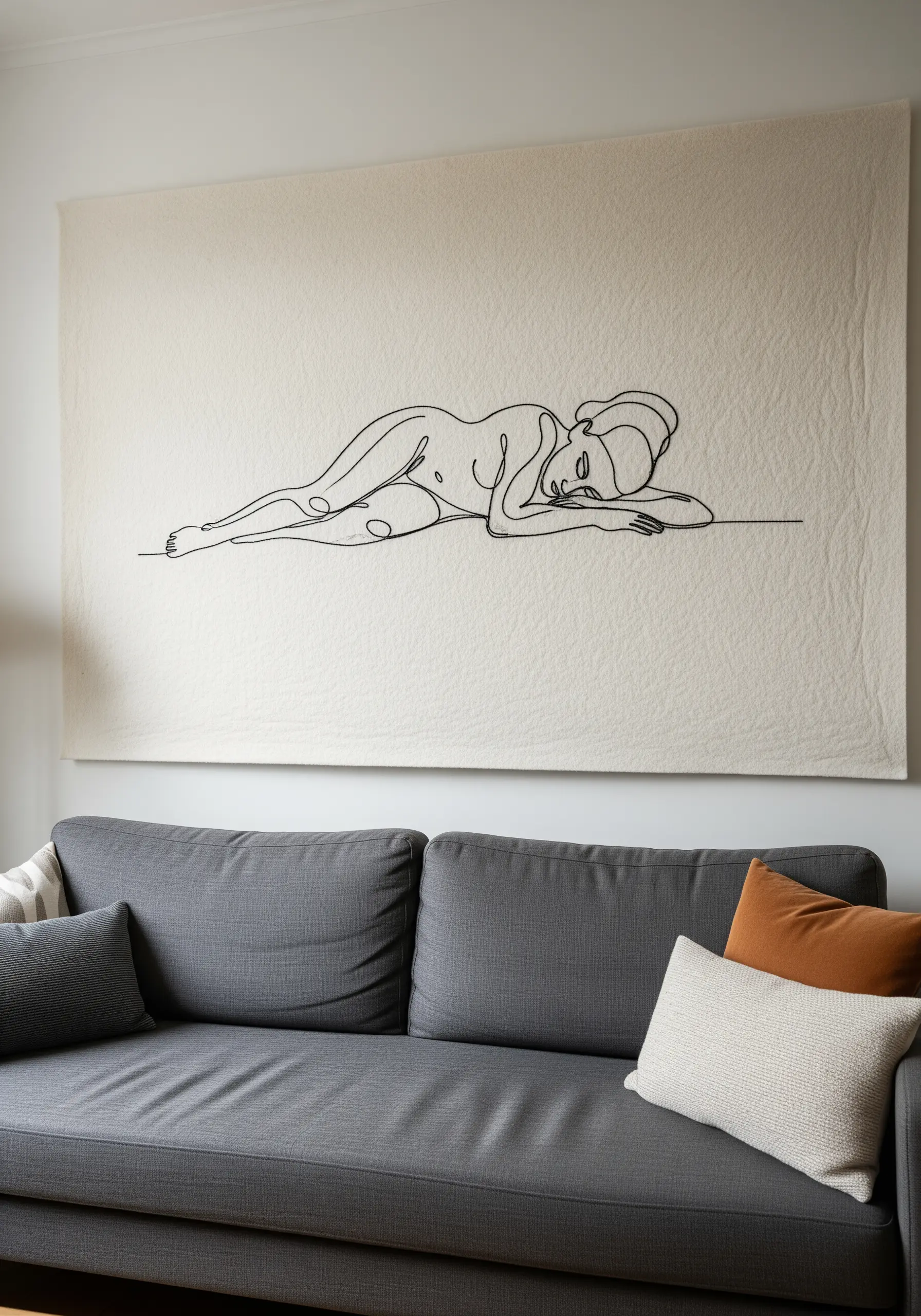 A large tapestry with a single-line embroidery of a reclining female figure.