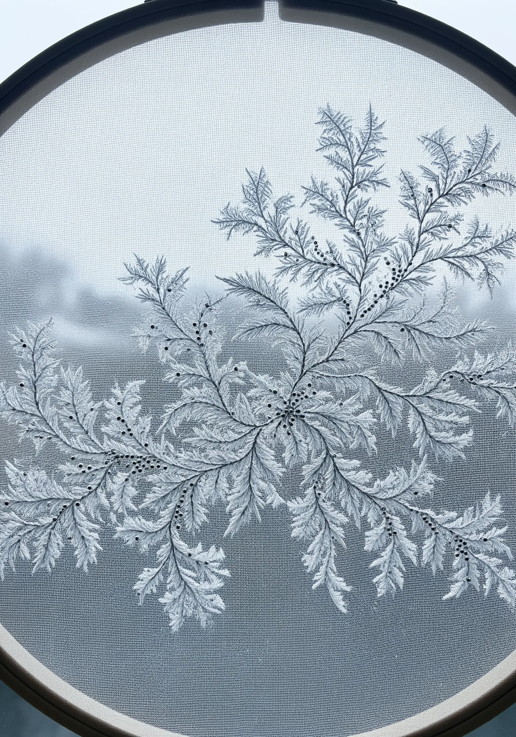 Delicate embroidery of a frost fern pattern in white thread on a sheer, translucent fabric in a hoop.