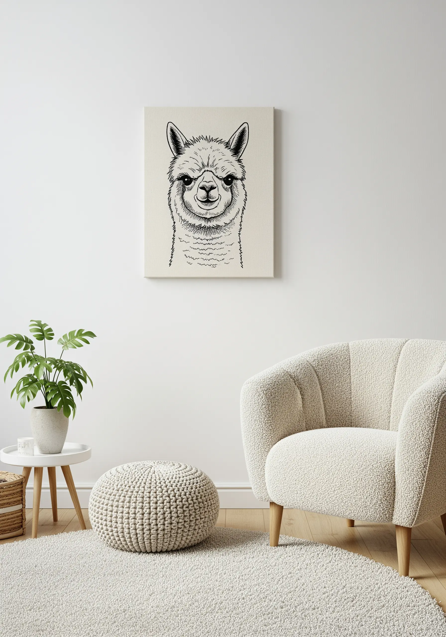 A portrait of a llama stitched in black thread on canvas, using directional stitches to create a furry texture.