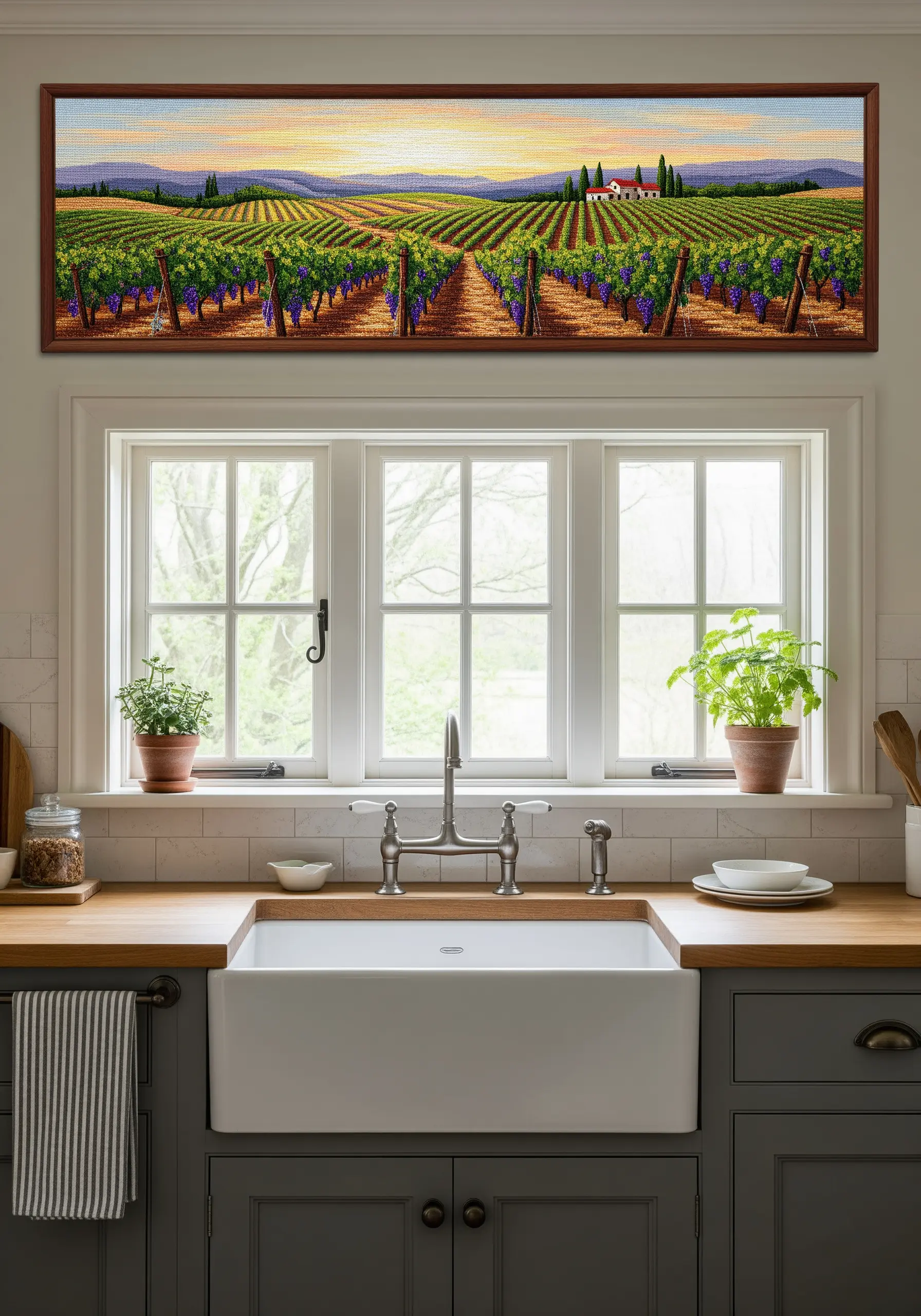 A long panoramic embroidery of a vineyard at sunset, hung above a kitchen window.