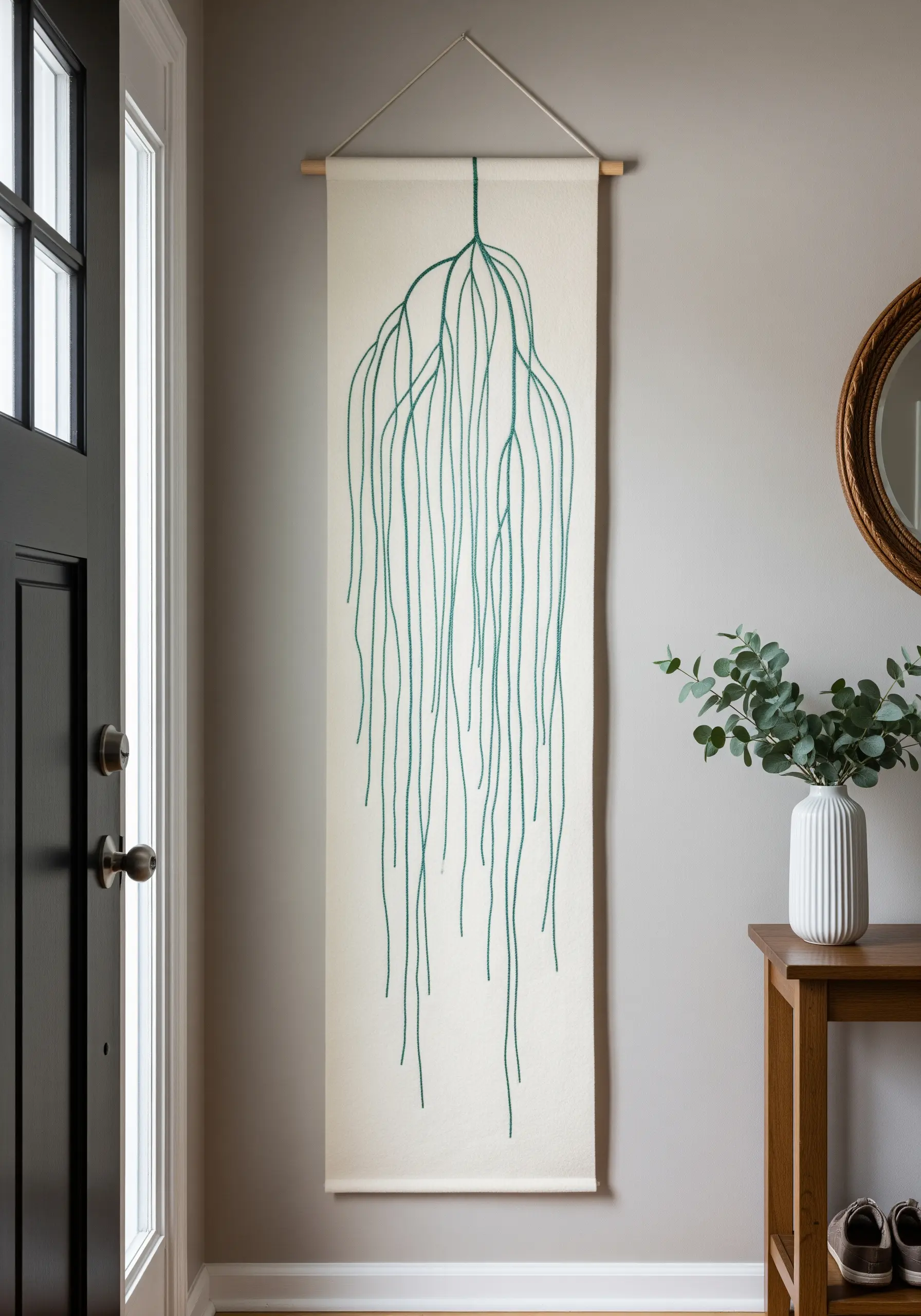 A long, narrow wall hanging with an embroidered teal weeping willow motif