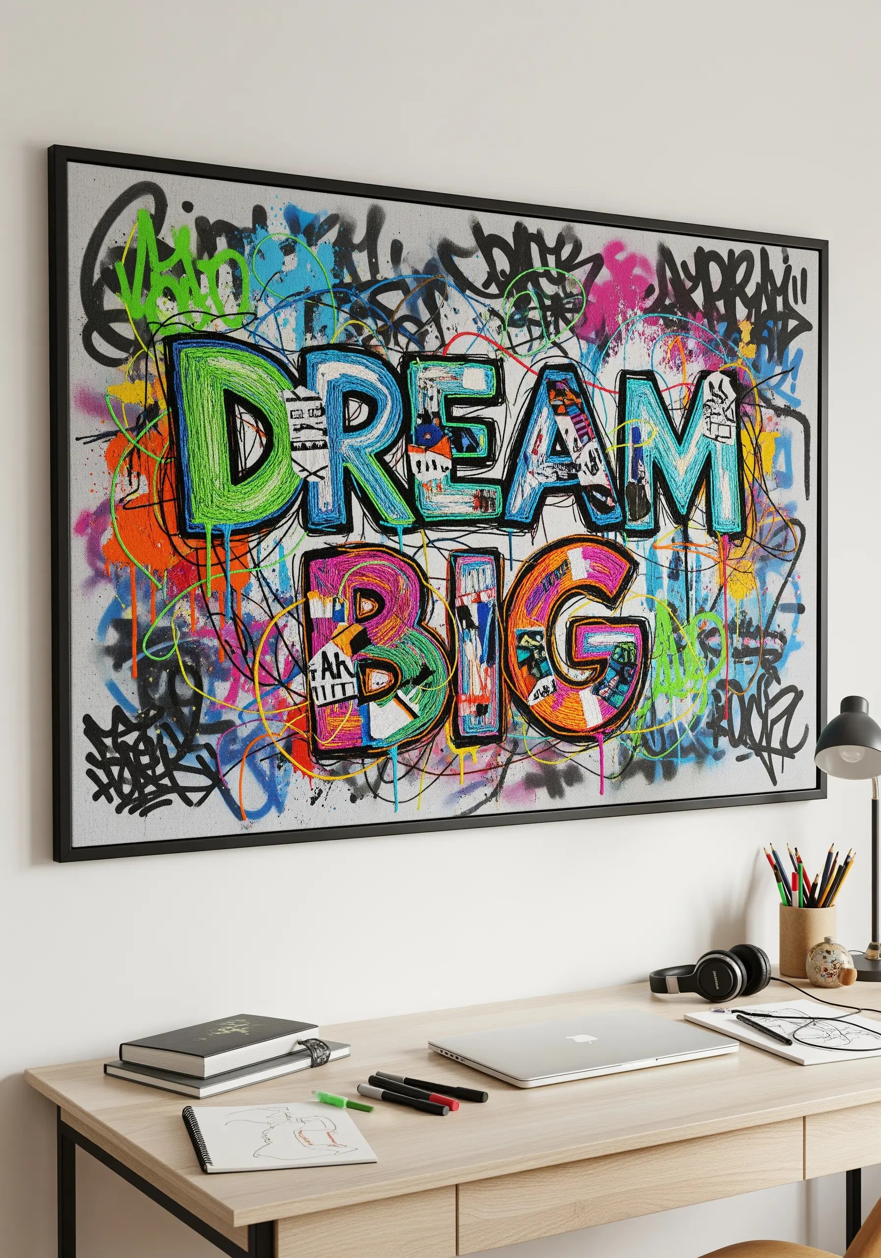 A large framed piece of embroidery art that replicates a colorful graffiti mural saying 'Dream Big'