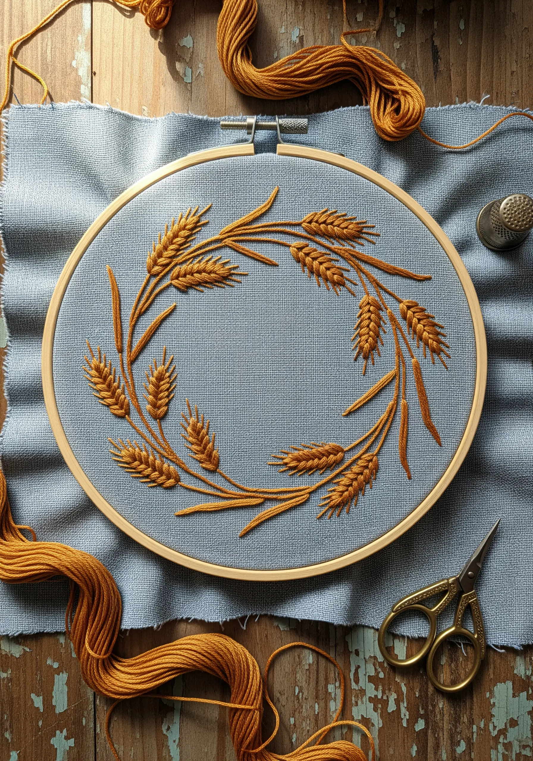 An embroidery hoop with a wreath of wheat stitched in golden-ochre thread on blue-grey linen.