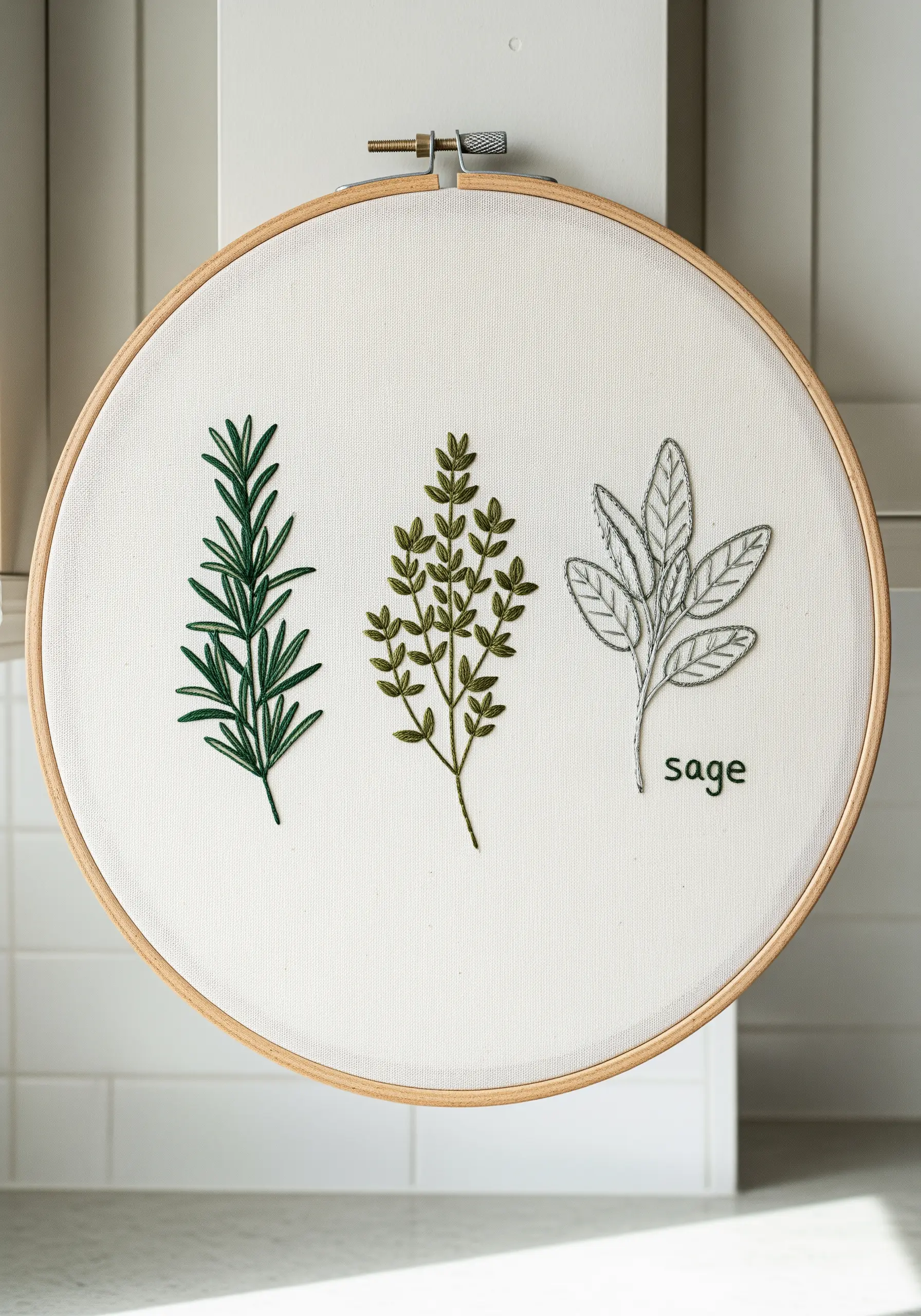 Embroidery of three herbs—rosemary, thyme, and sage—with simple text labels on white fabric.
