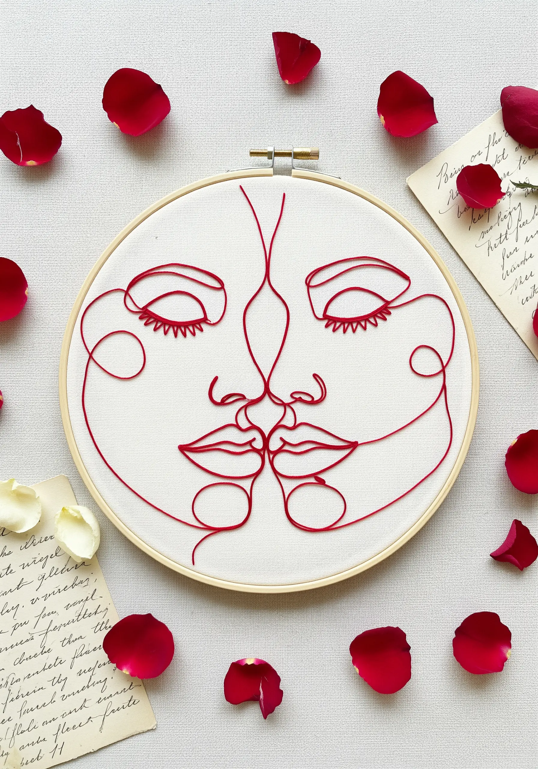 Two mirrored faces about to kiss, stitched in a single red line on white fabric.