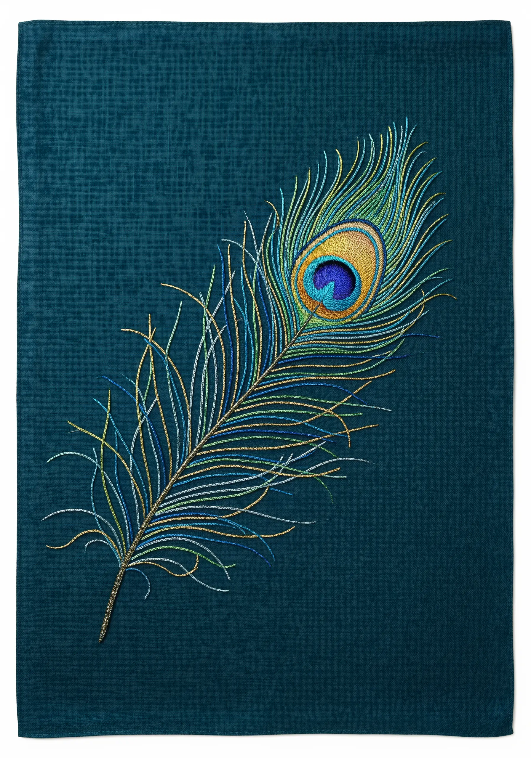 A single, intricately embroidered peacock feather with blended colors on a dark teal napkin.