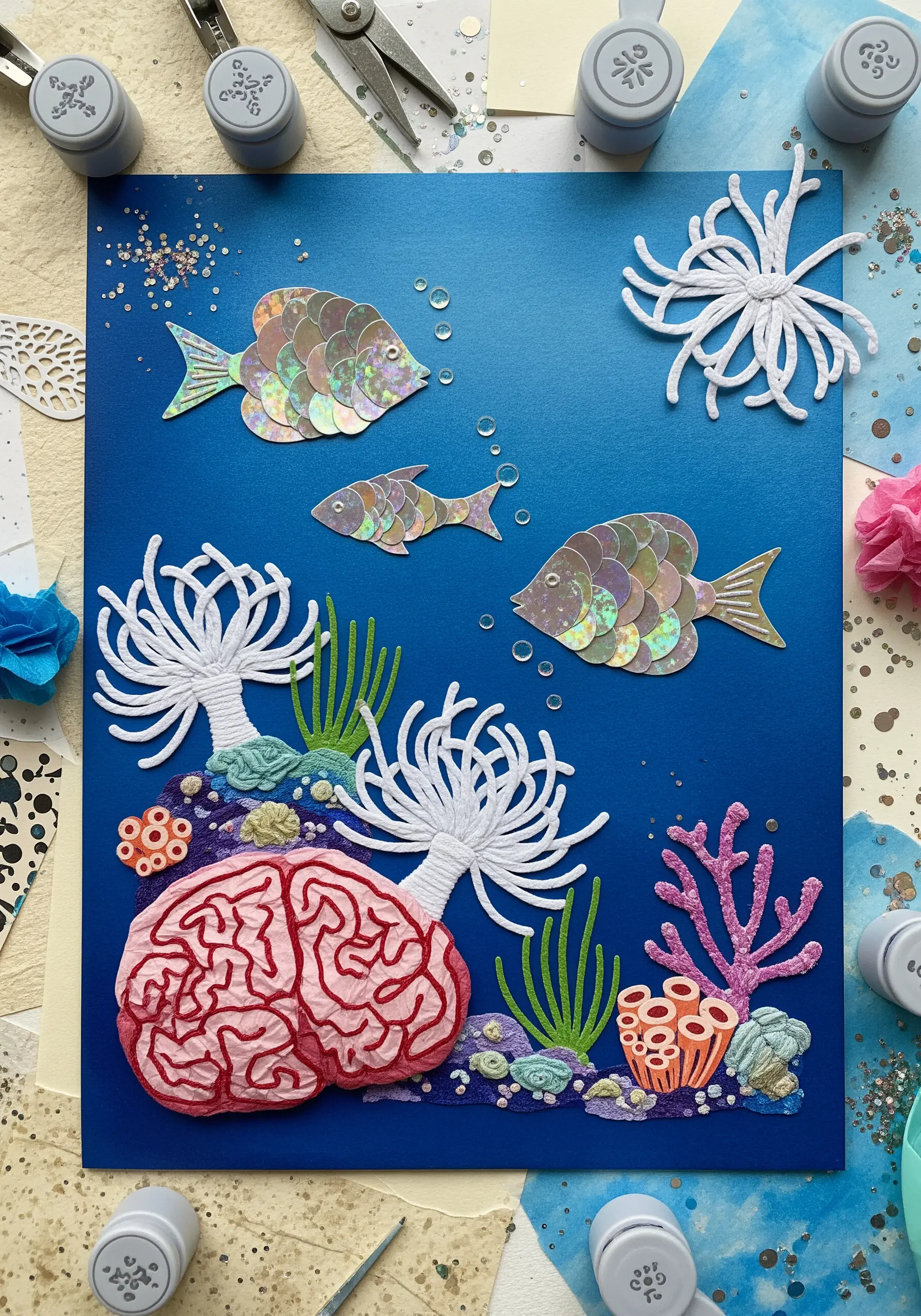 An underwater scene collage with holographic paper fish, quilled coral, and paper-punched anemones.