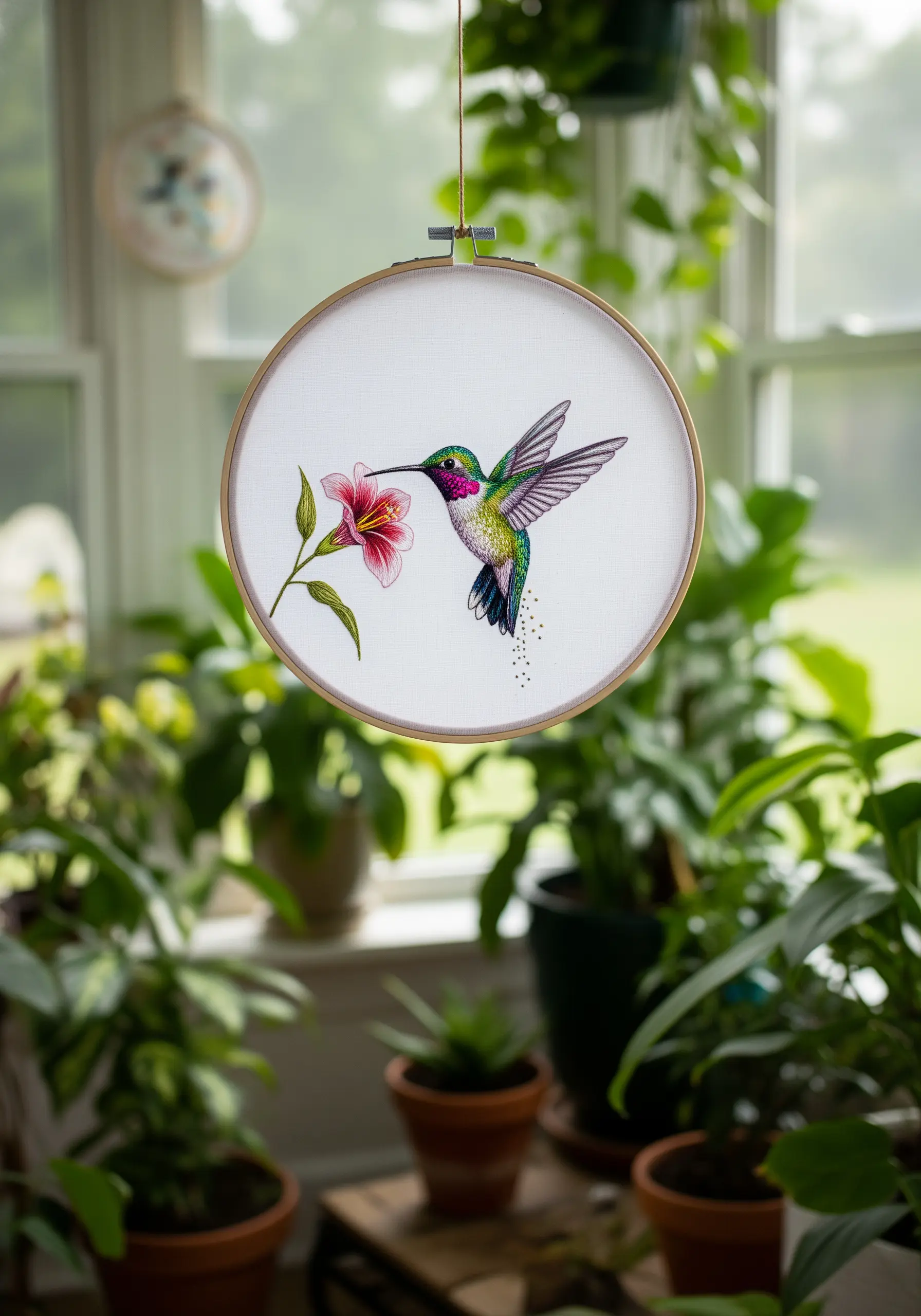 Embroidery hoop with a detailed hummingbird, its iridescent throat stitched in vibrant colors.