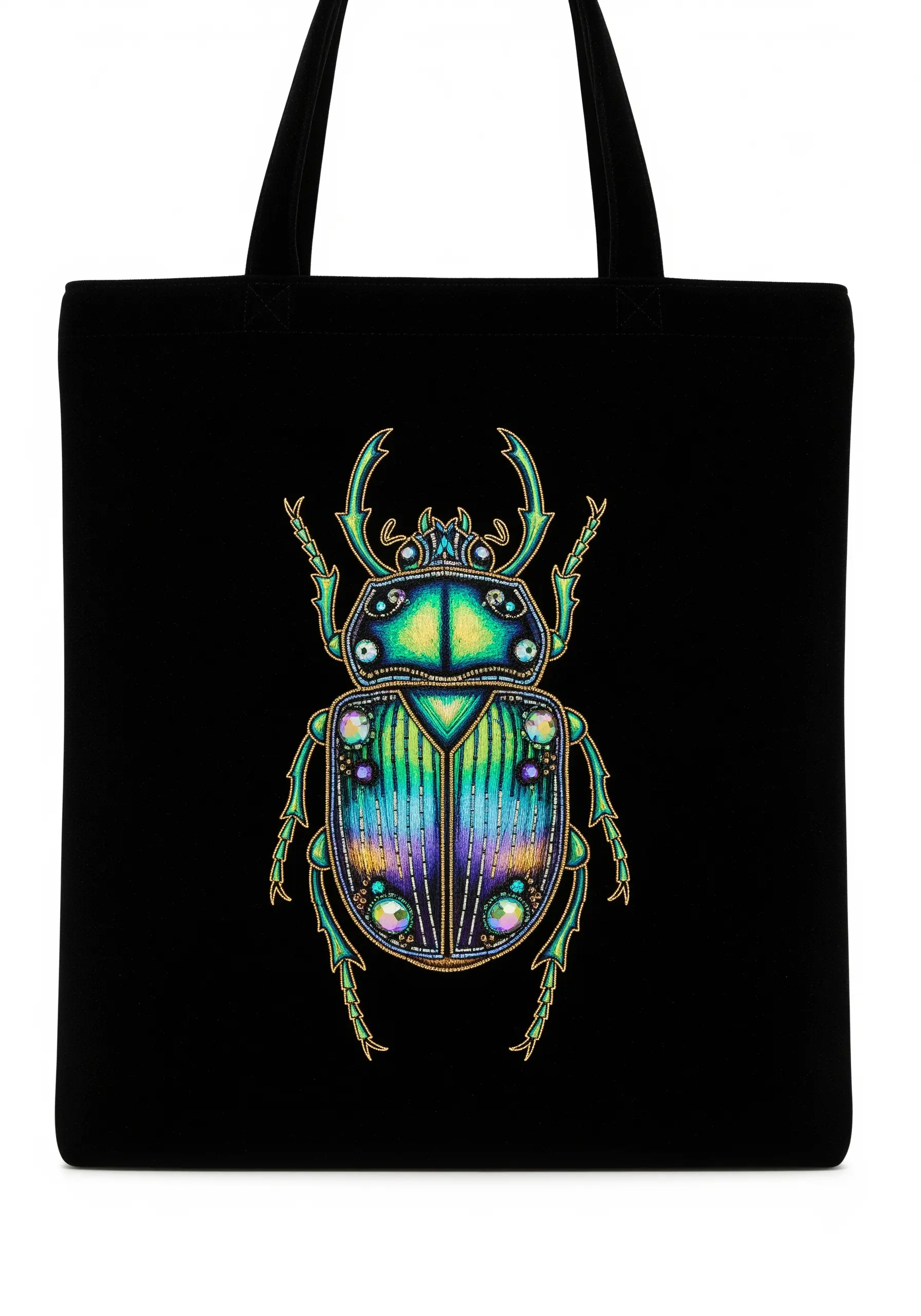An iridescent beetle embroidered with silk thread and beads on a black tote