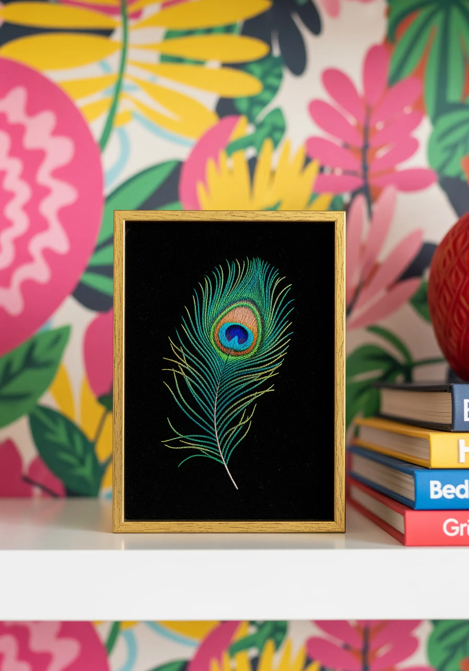 An intricately embroidered peacock feather on black fabric, framed in gold.