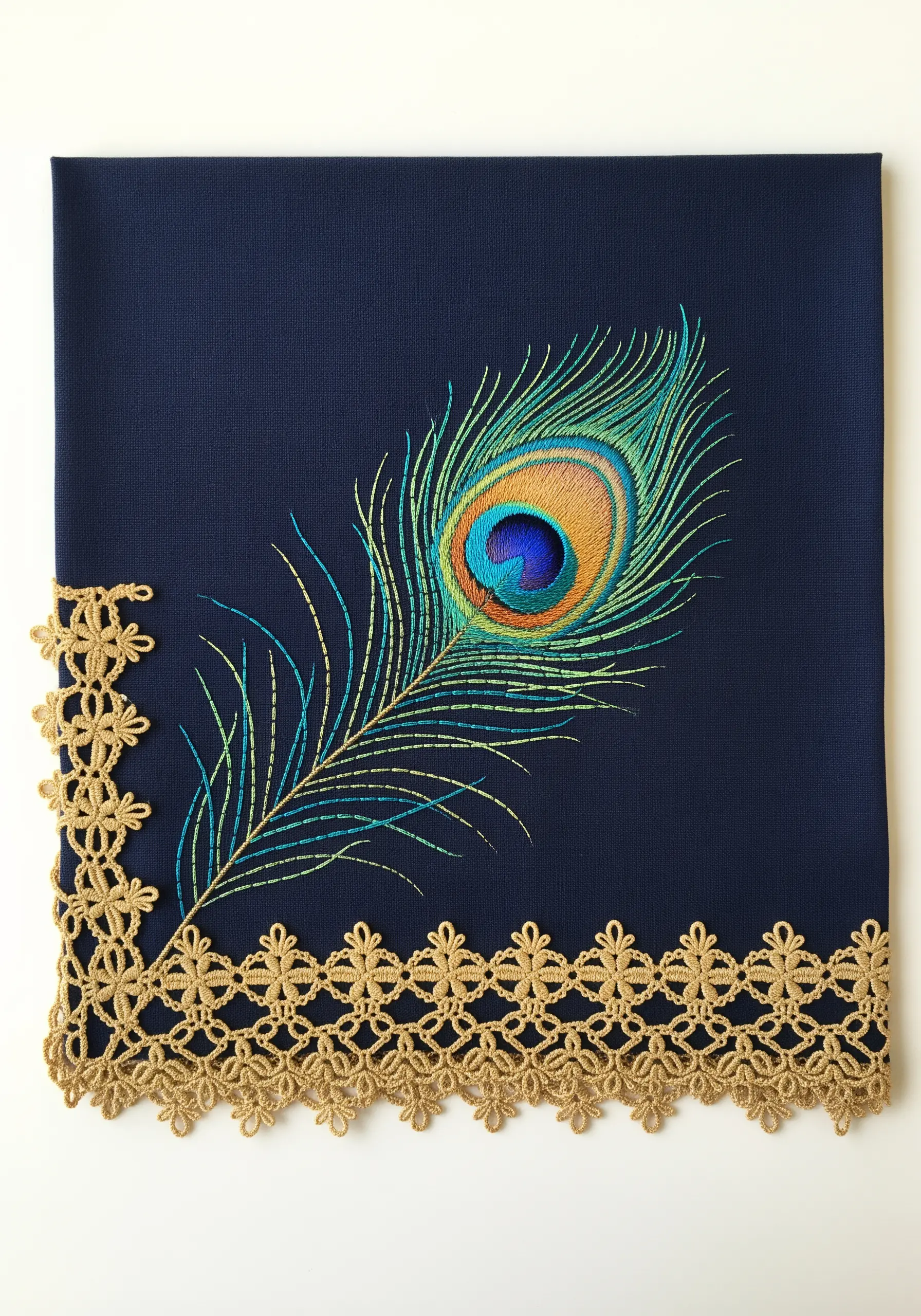 A single, intricately embroidered peacock feather with blended colors on navy fabric.
