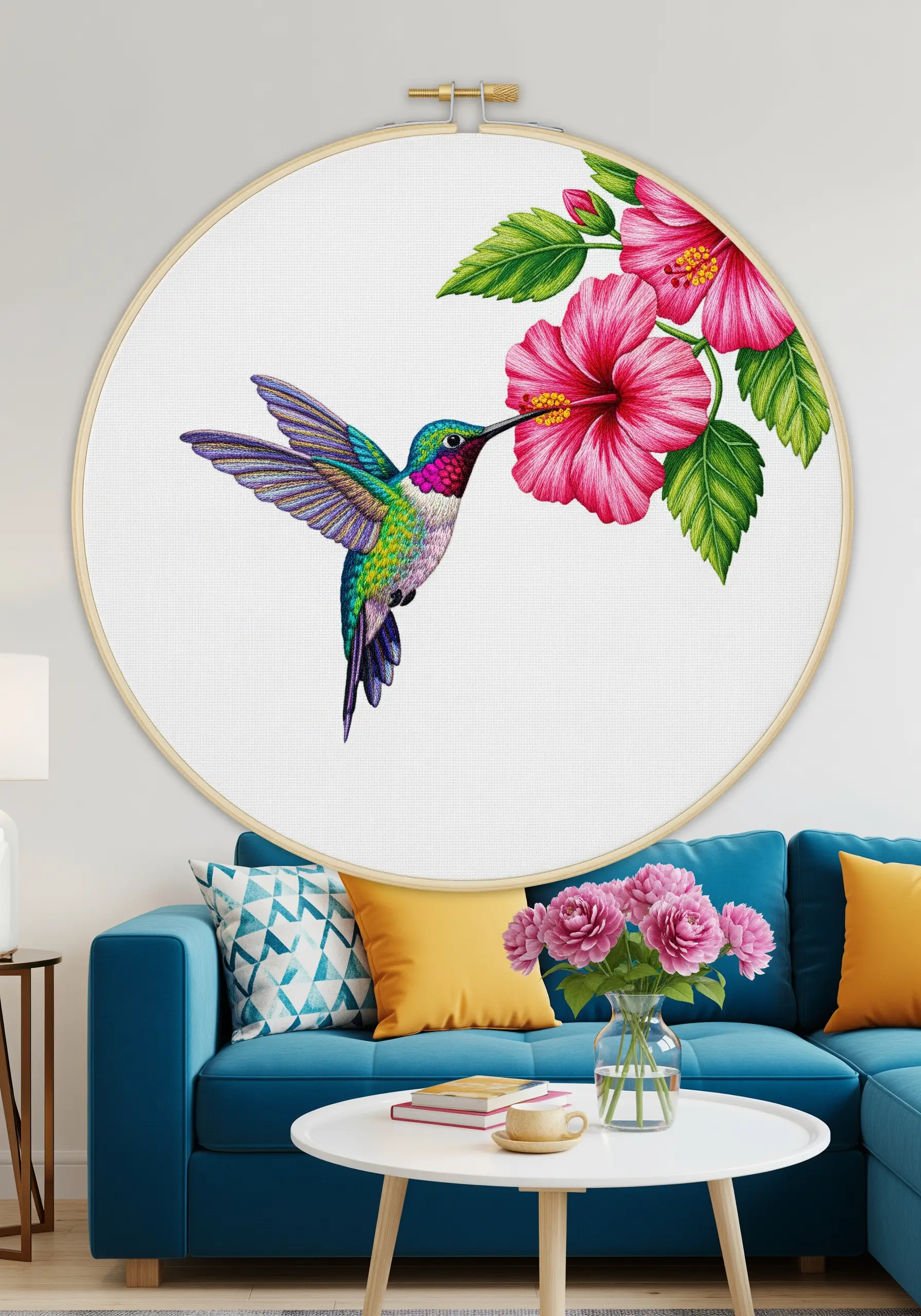 A detailed embroidery of a colorful hummingbird drinking from a pink hibiscus flower.