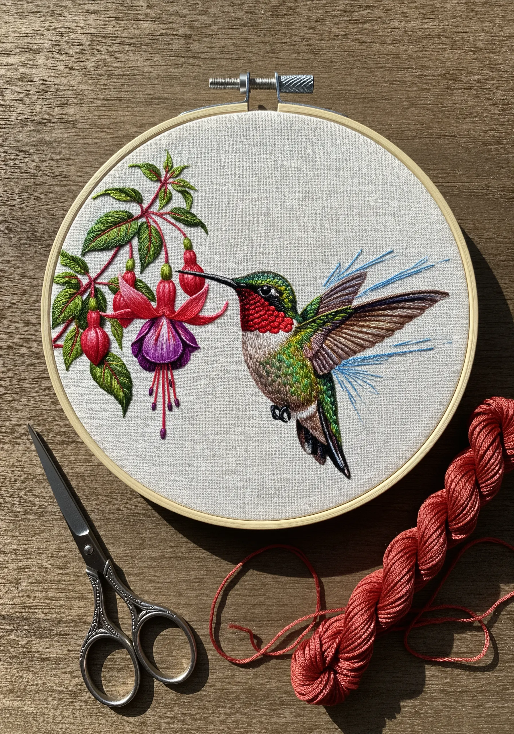 Embroidered hummingbird with blurred wing effect using long blue stitches.