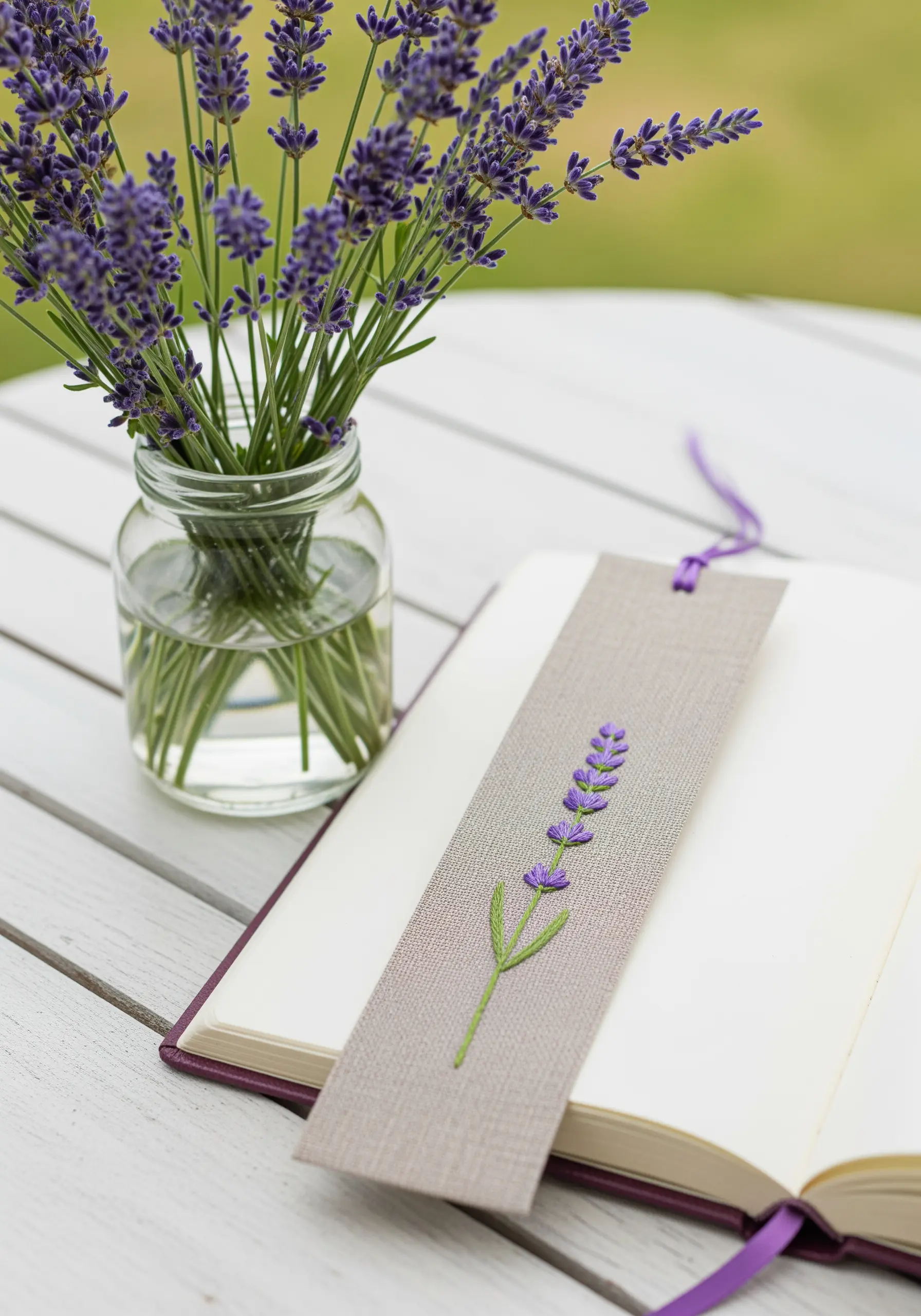 Minimalist embroidery of a single lavender sprig on a gray linen bookmark.