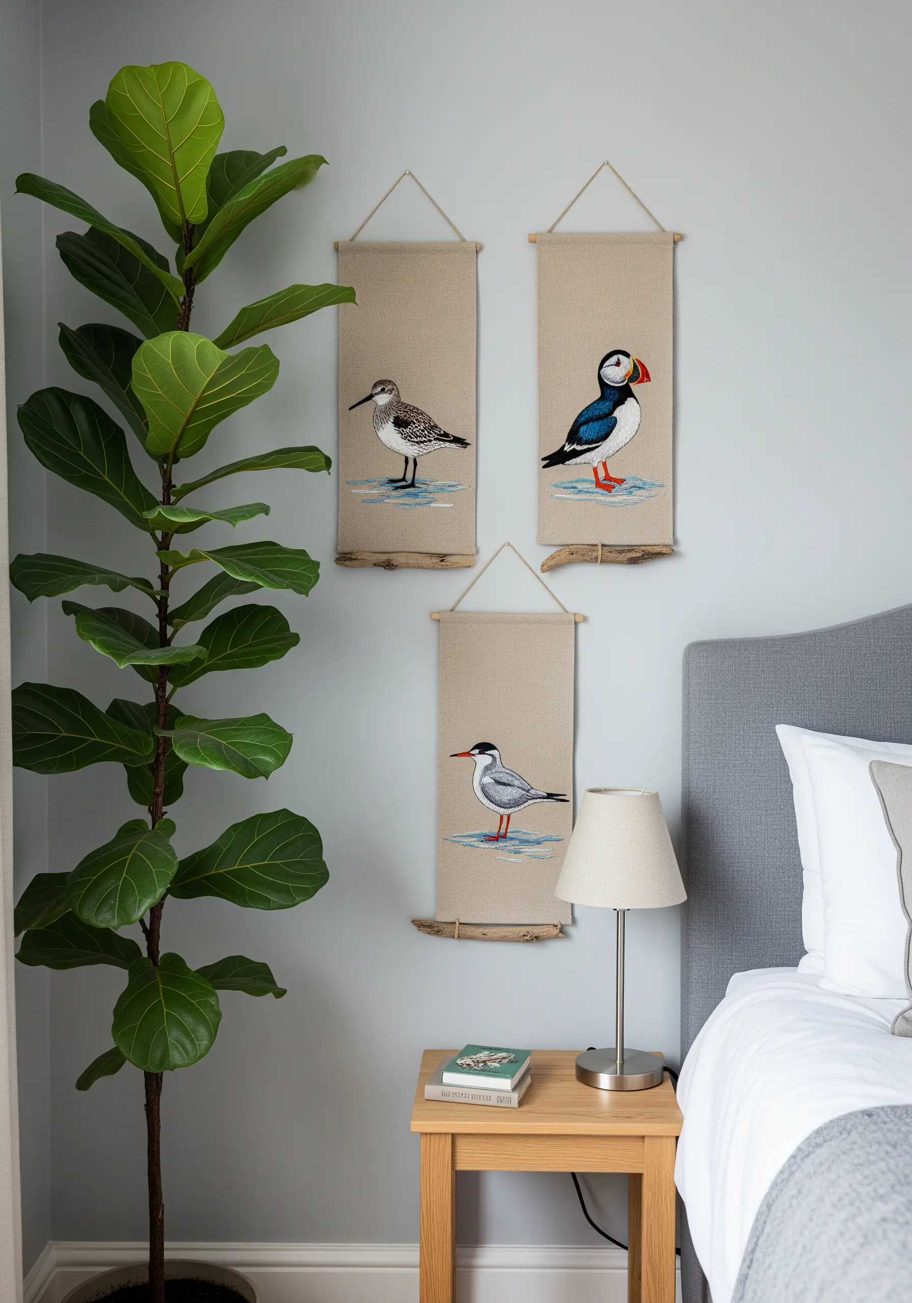 Three embroidered wall hangings of coastal birds—a puffin, a tern, and a sandpiper.