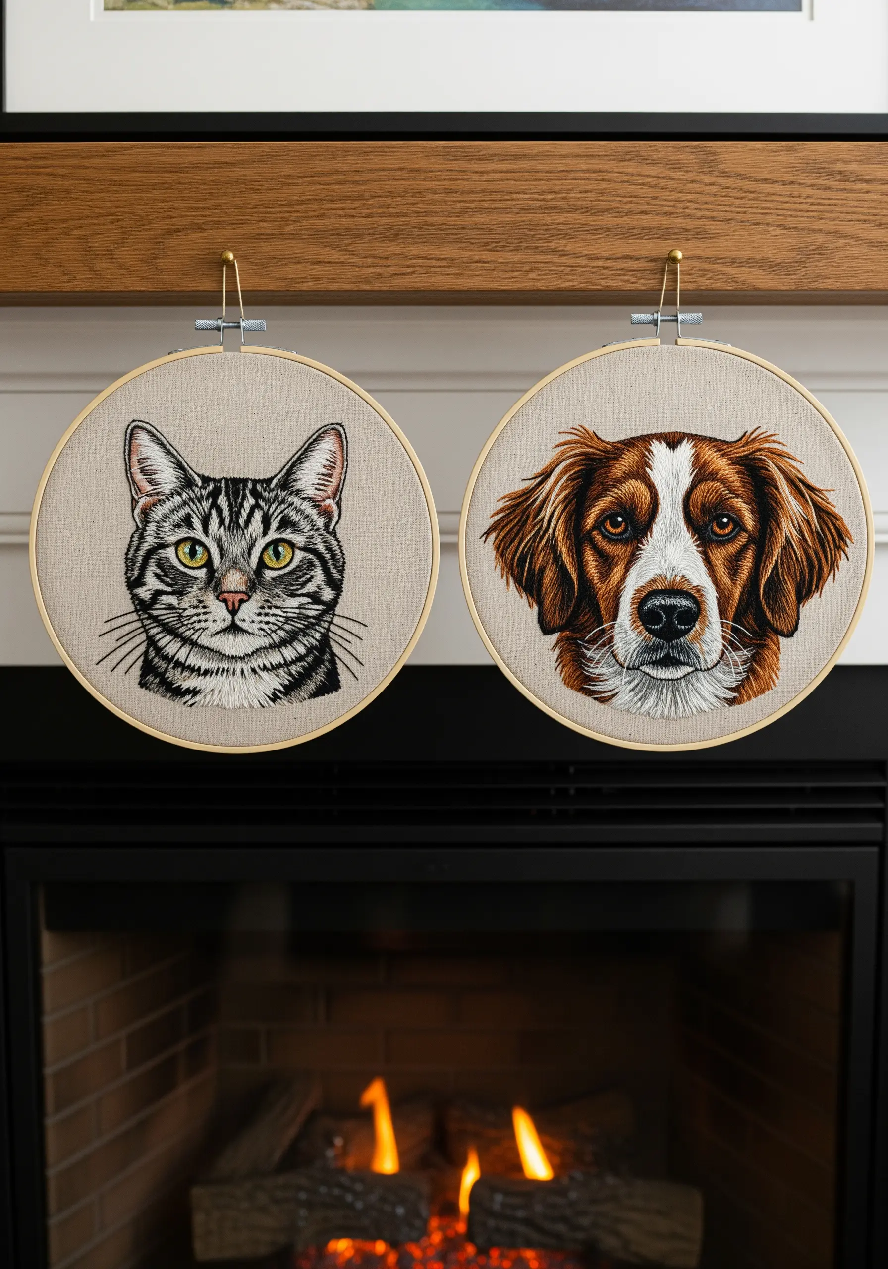 Two detailed embroidered pet portraits of a cat and a dog, showcasing realistic fur texture.