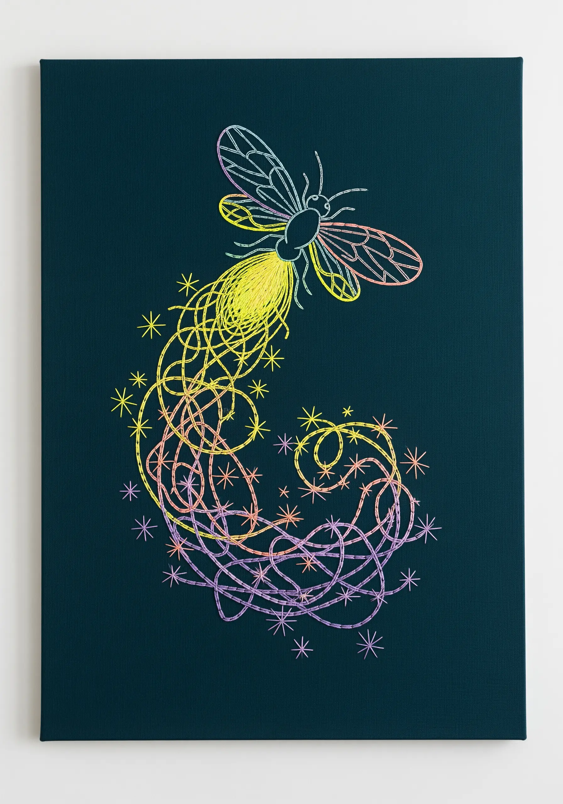 An embroidered firefly with a swirling light trail made from variegated pastel thread.