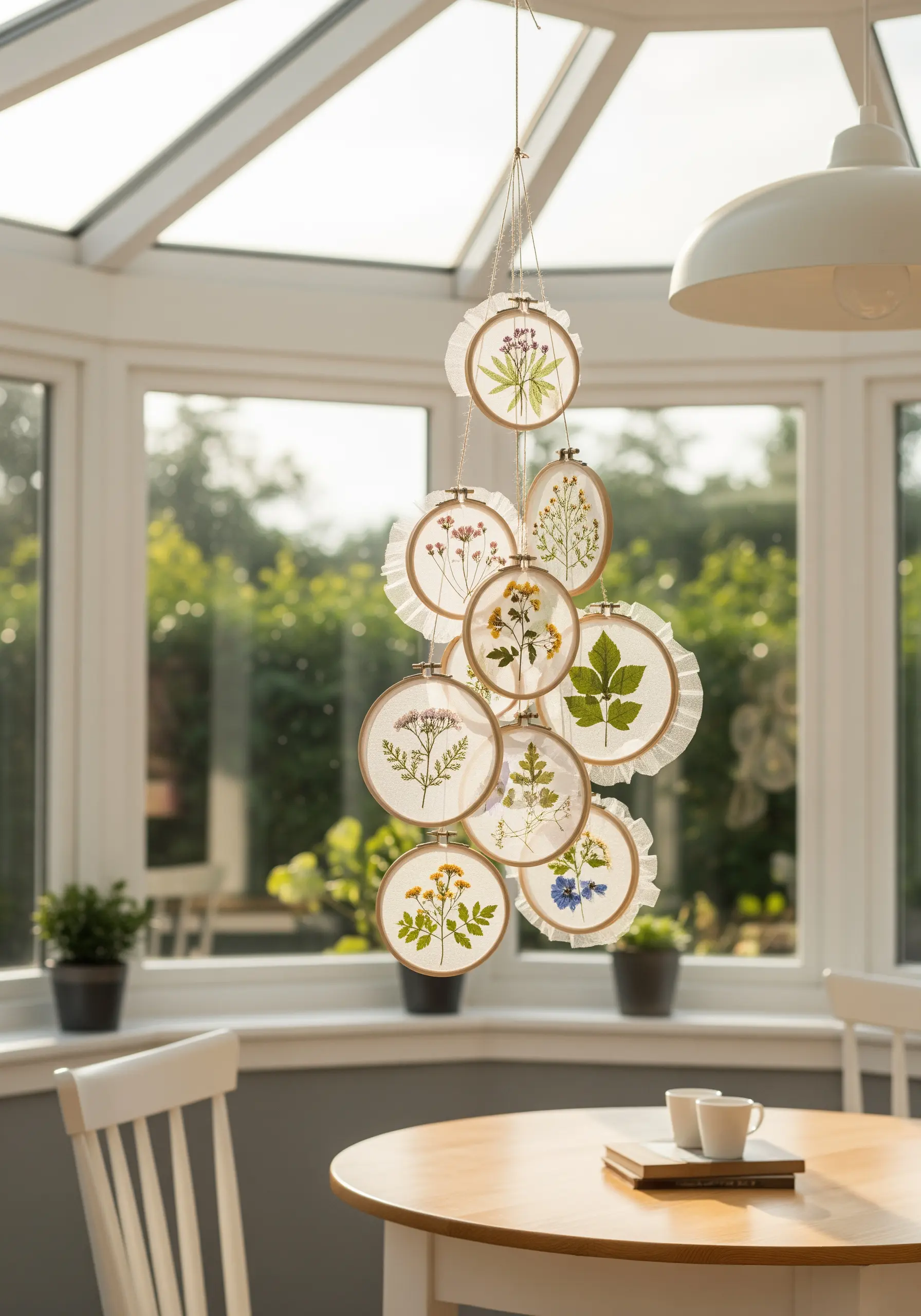 A mobile made of multiple small embroidery hoops with florals stitched on sheer fabric