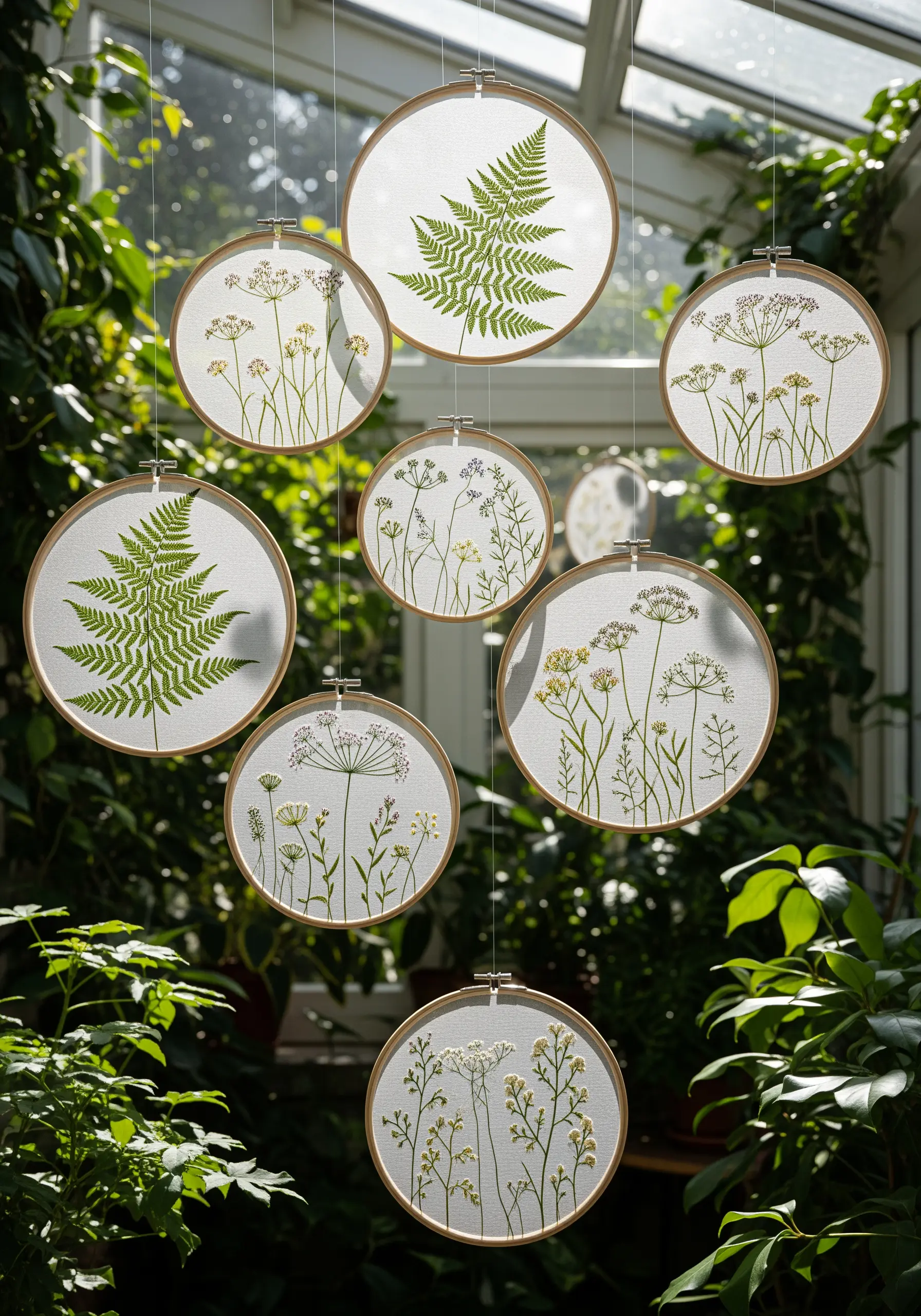 Several embroidery hoops with fern and wildflower designs on sheer fabric, hanging in a window.