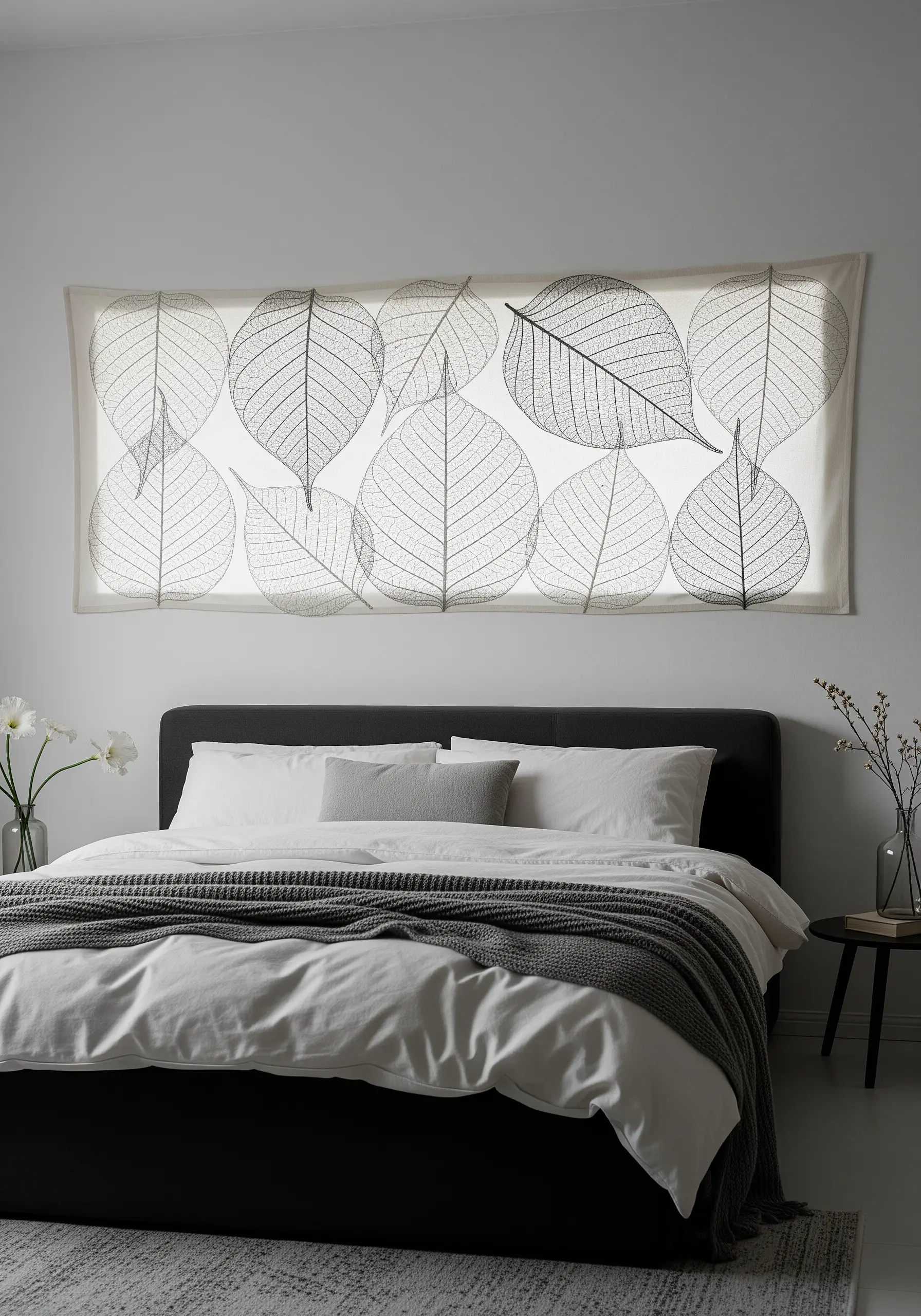 Delicate line embroidery of skeleton leaves on a sheer white fabric panel hung over a bed.