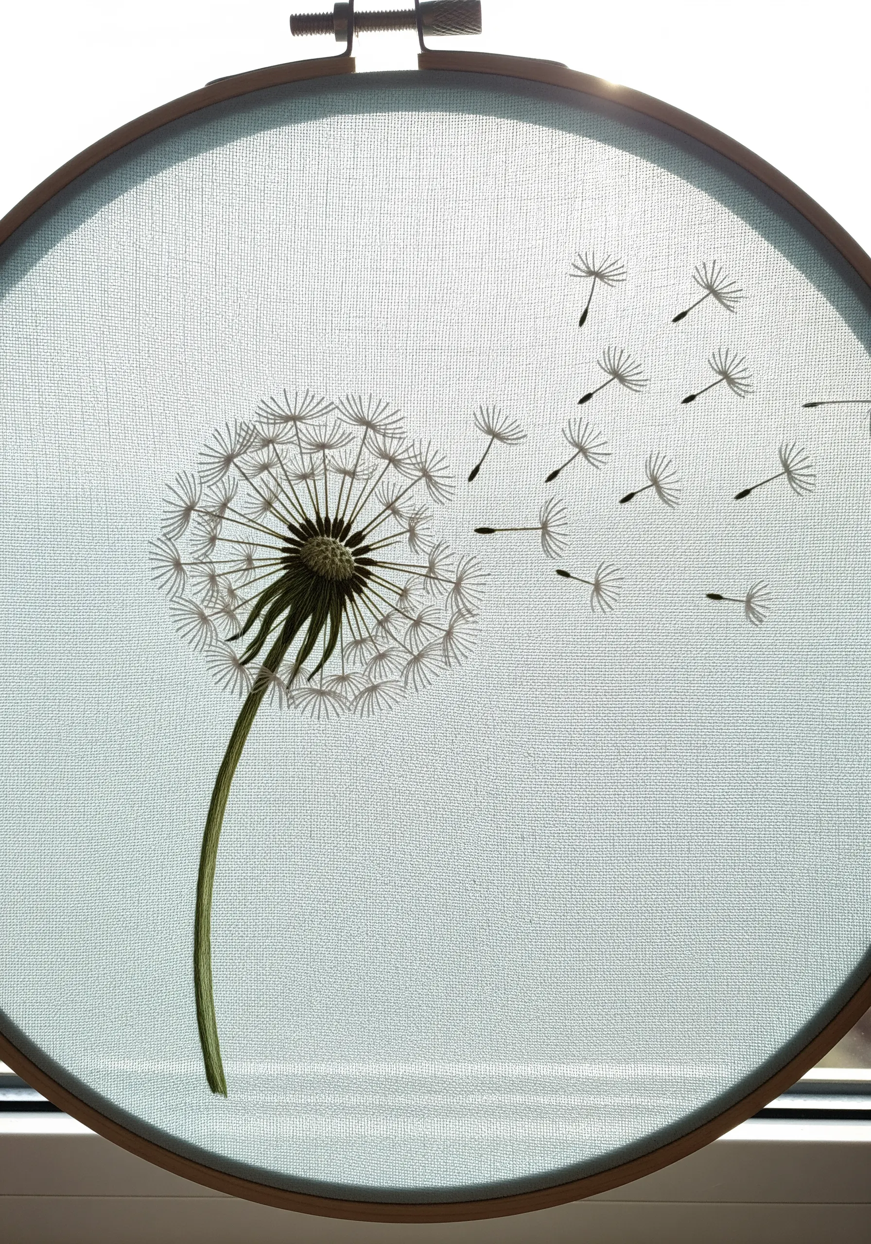 A delicate dandelion with seeds blowing away, embroidered on sheer, light-filtering fabric.