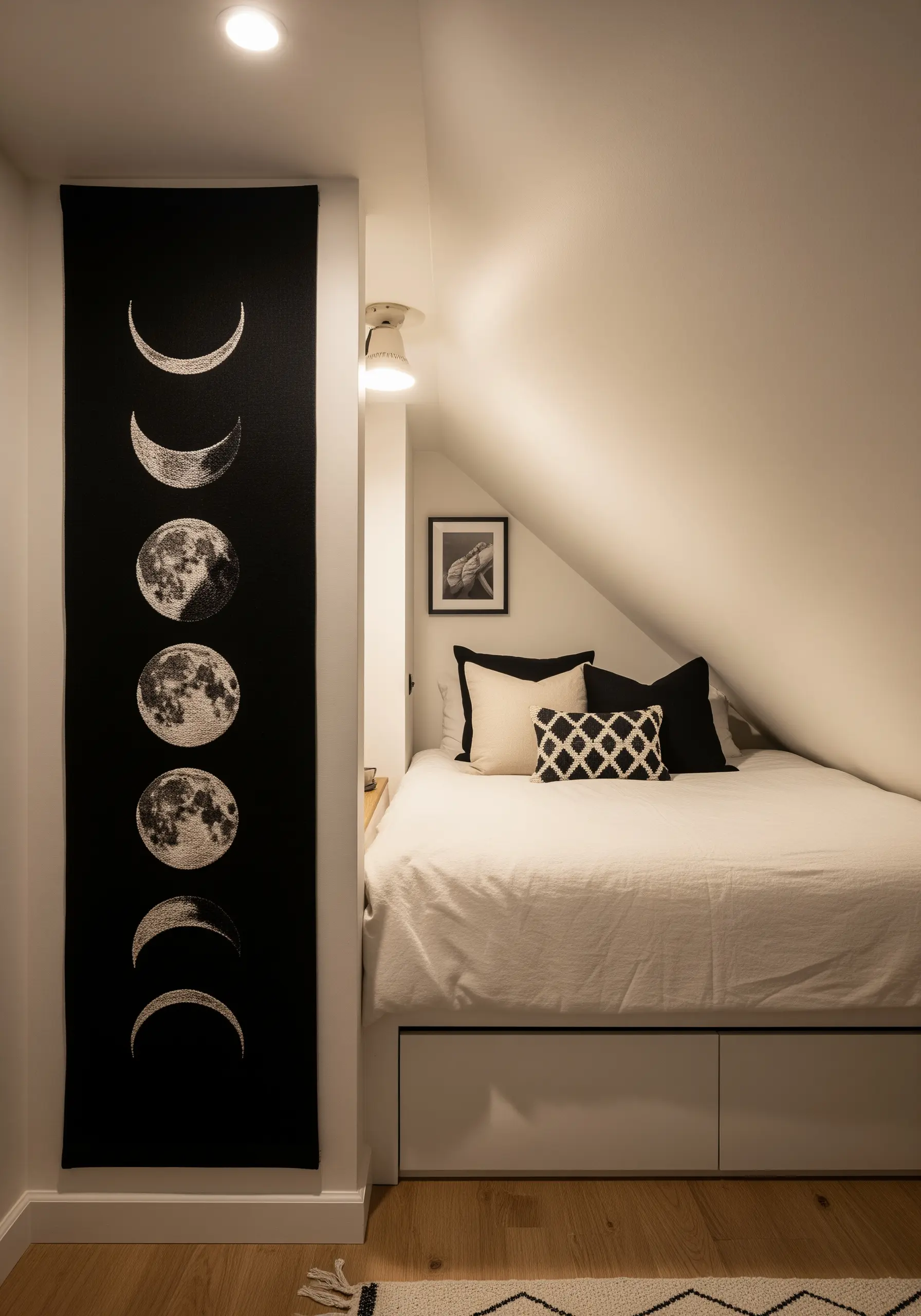 A long black wall hanging showing the phases of the moon embroidered with textural stitches.