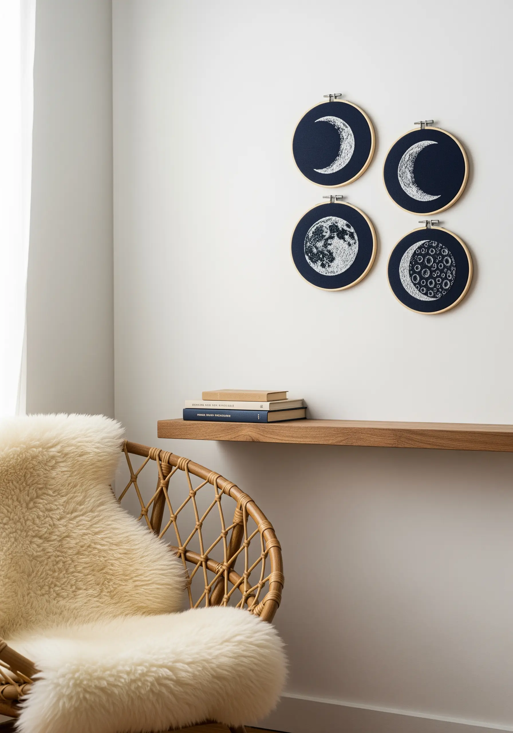 Four embroidery hoops showing detailed moon phases on dark navy fabric.