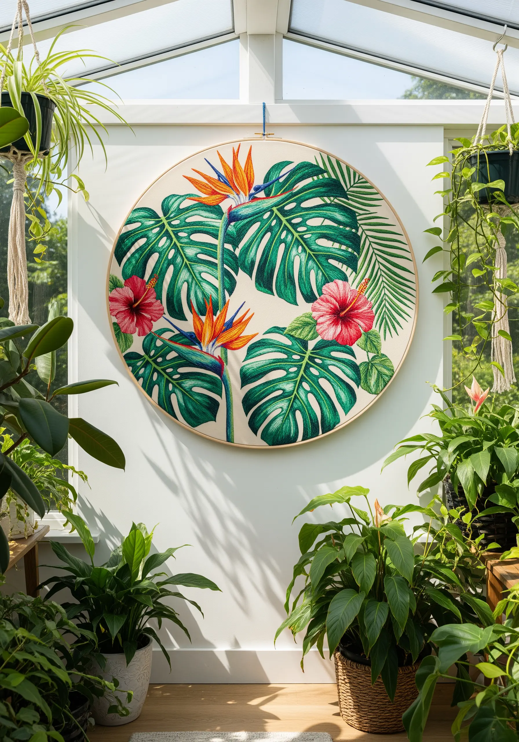 A large embroidery hoop filled with vibrant, thread-painted tropical leaves and hibiscus flowers.