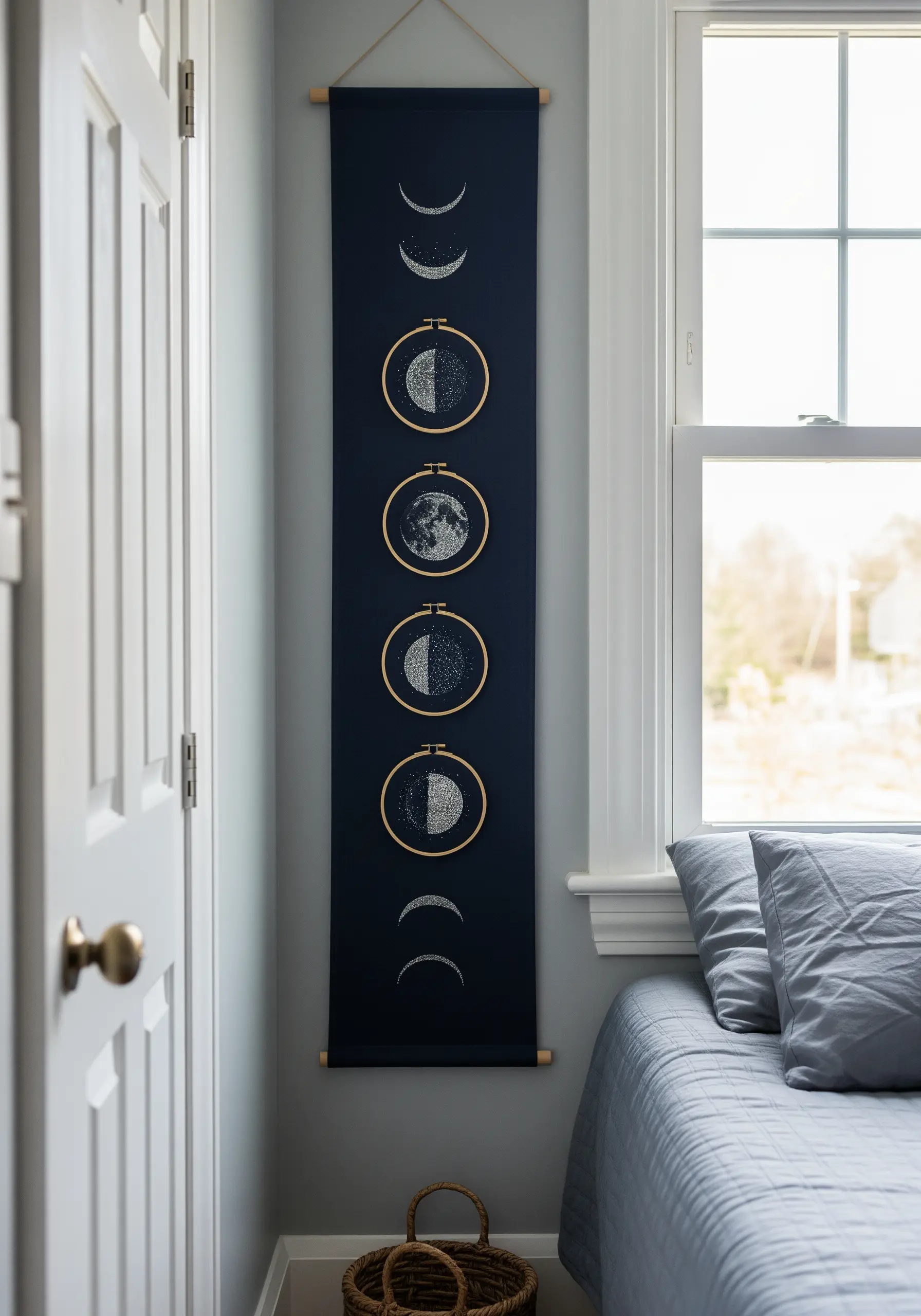 A dark blue wall hanging featuring embroidery hoops that show the phases of the moon.