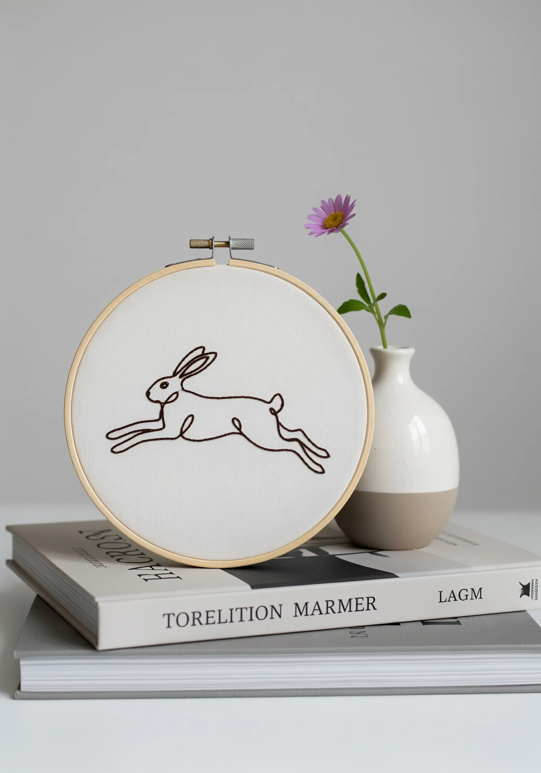 A minimalist line art rabbit embroidered in dark brown on white fabric in a hoop.