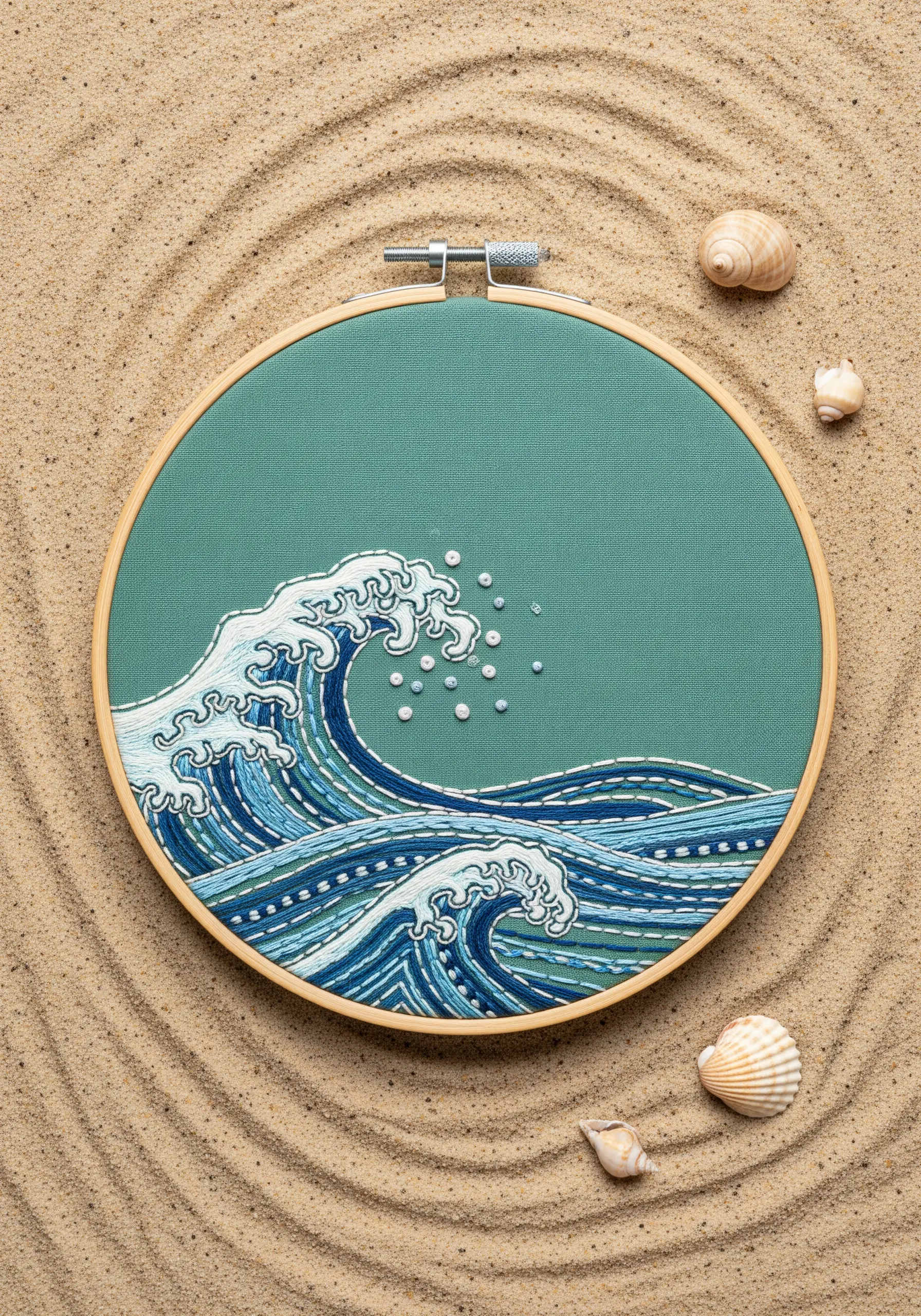 Embroidery of a large ocean wave with layered stitches, white outlines, and beaded sea spray.