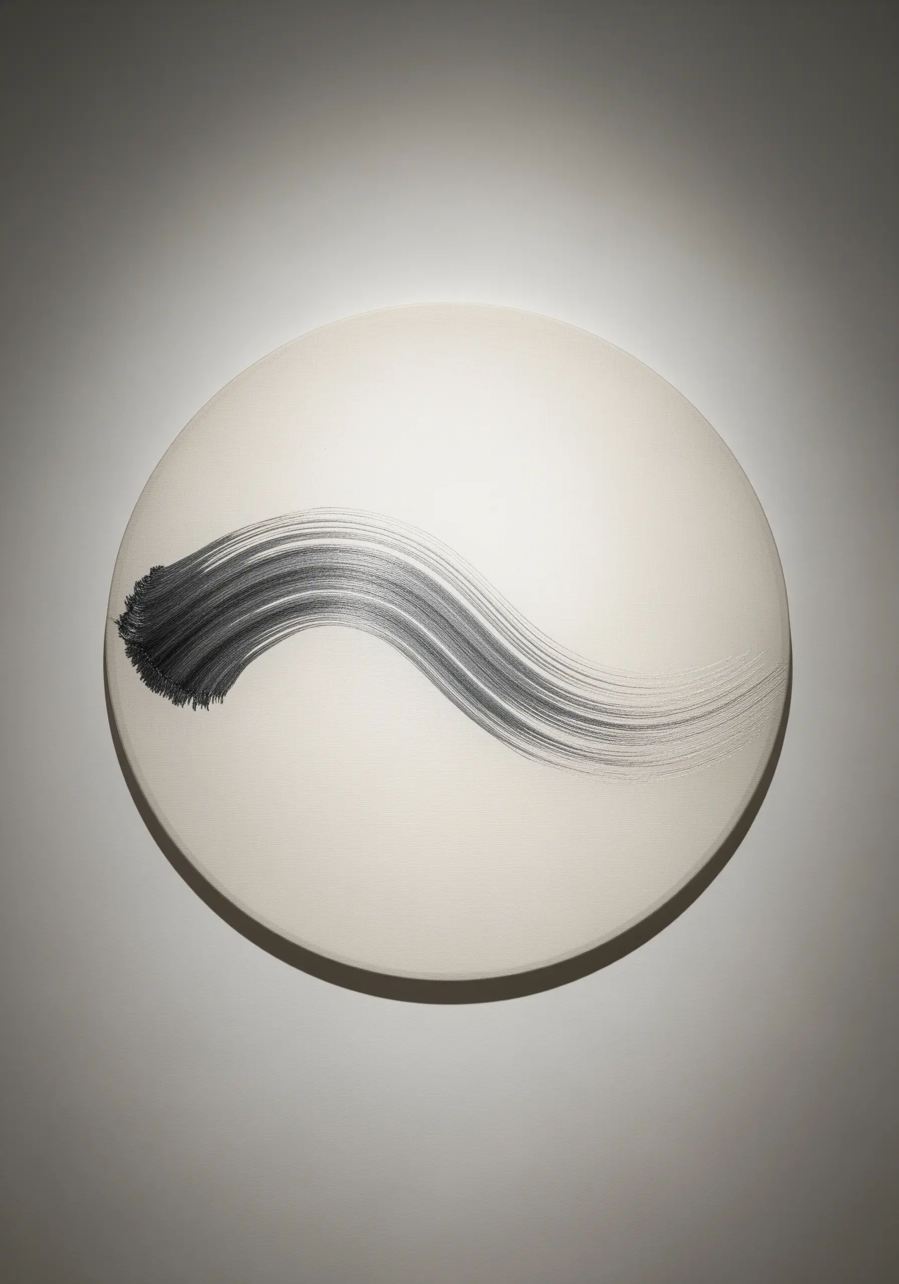 Minimalist black thread embroidery resembling a single brushstroke on white canvas.