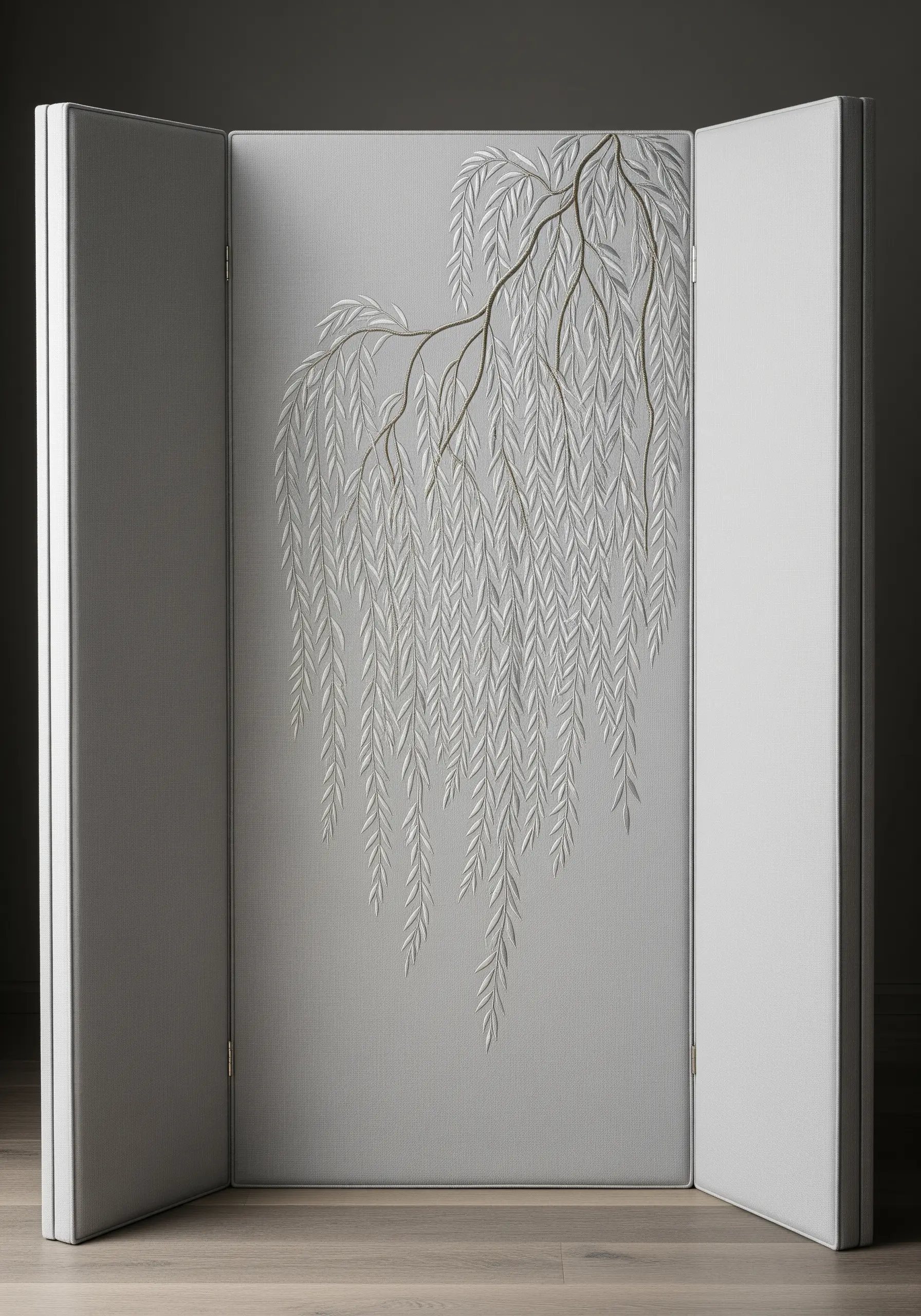 A three-panel room screen with a large, embroidered weeping willow cascading down the center panel.